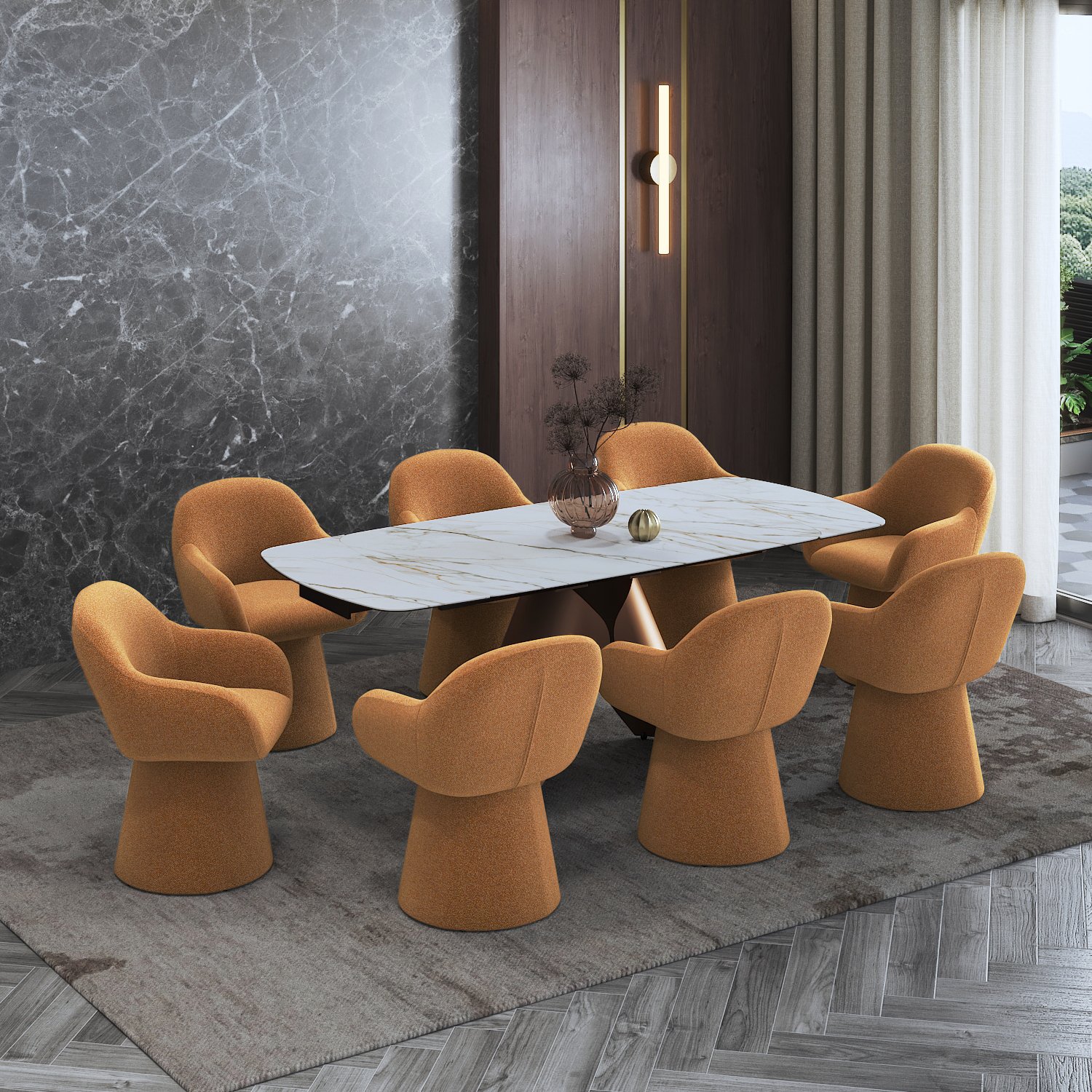 Aeris Ceramic 6 to 8 Seater Extendable Dining Table With 6 Selene Dining Chair