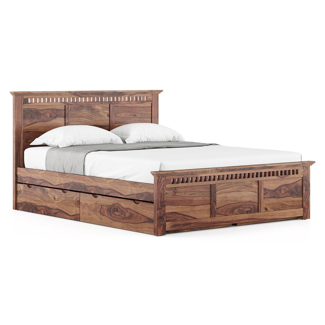 Fidora Solid Wood Queen Size Drawer Storage Bed In Teak Finish