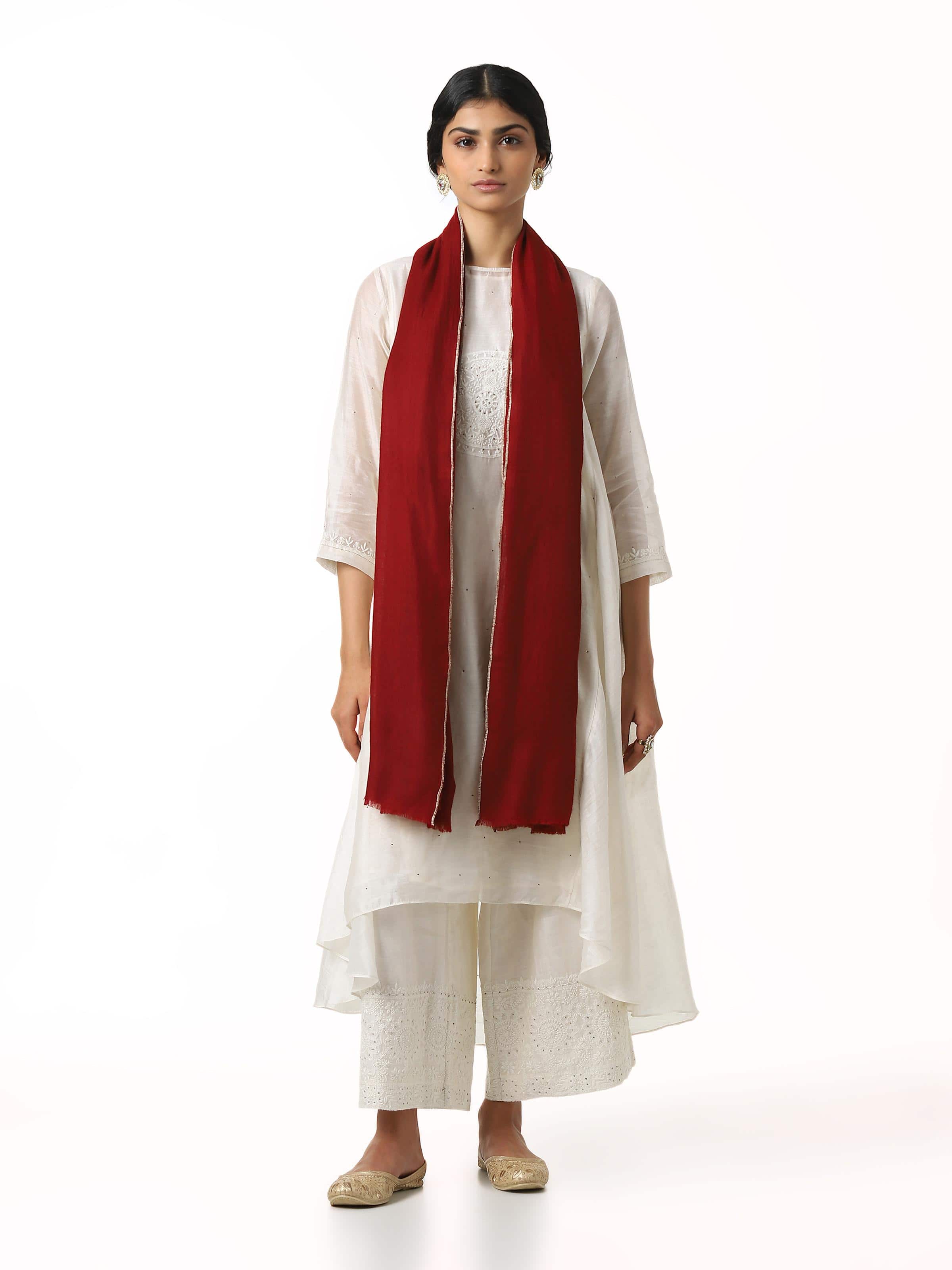 Maroon Cashmere Kaaj Embroidered Handwoven Stole