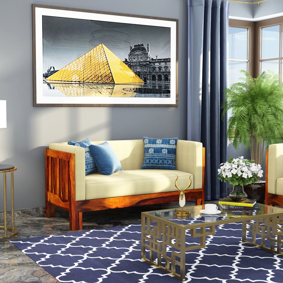 Prashiv 2 Seater Wooden Sofa (Creame Colour, Honey Finish)