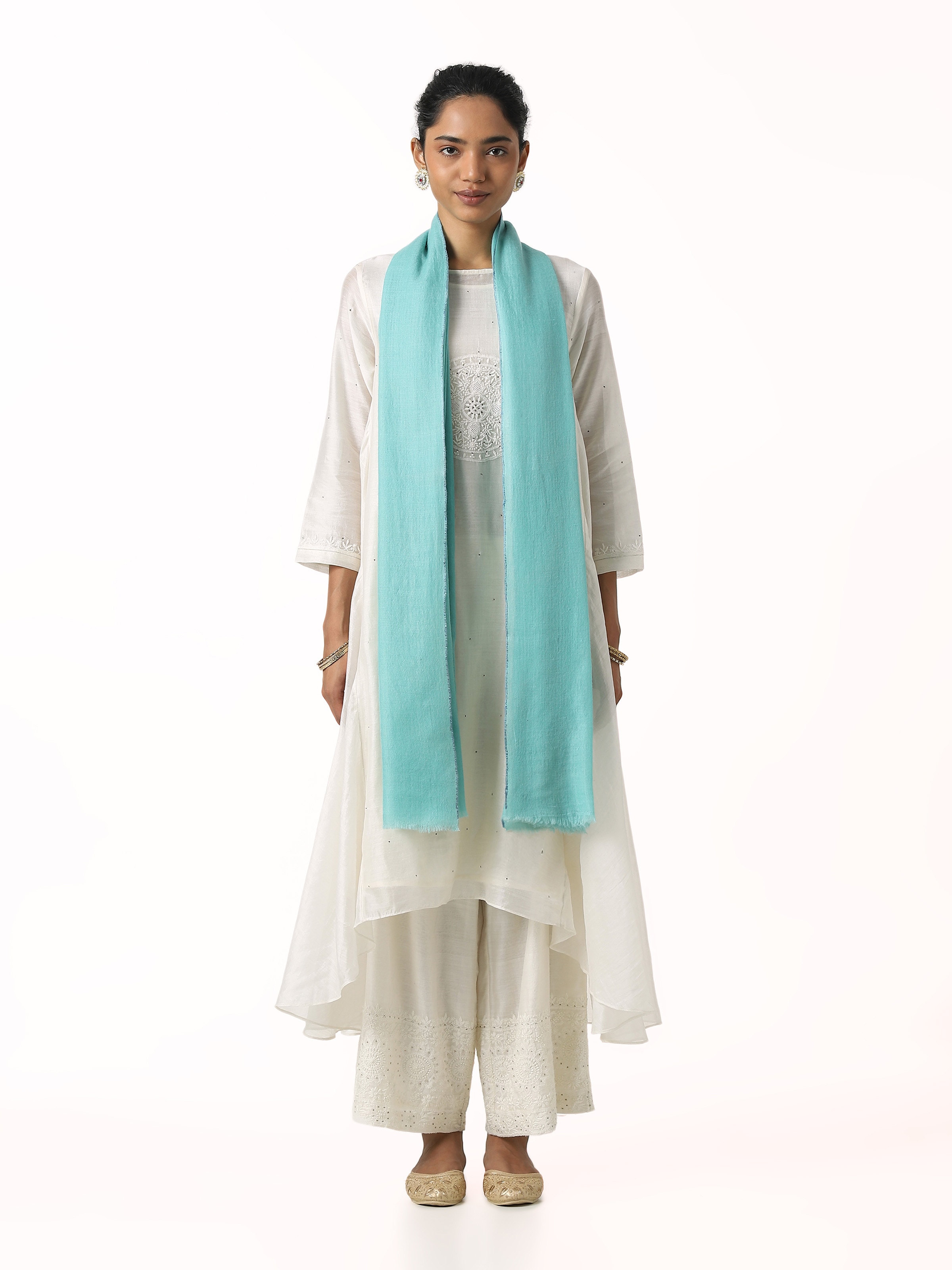 Sea Green Pashmina Kaaj Embroidered Shawl