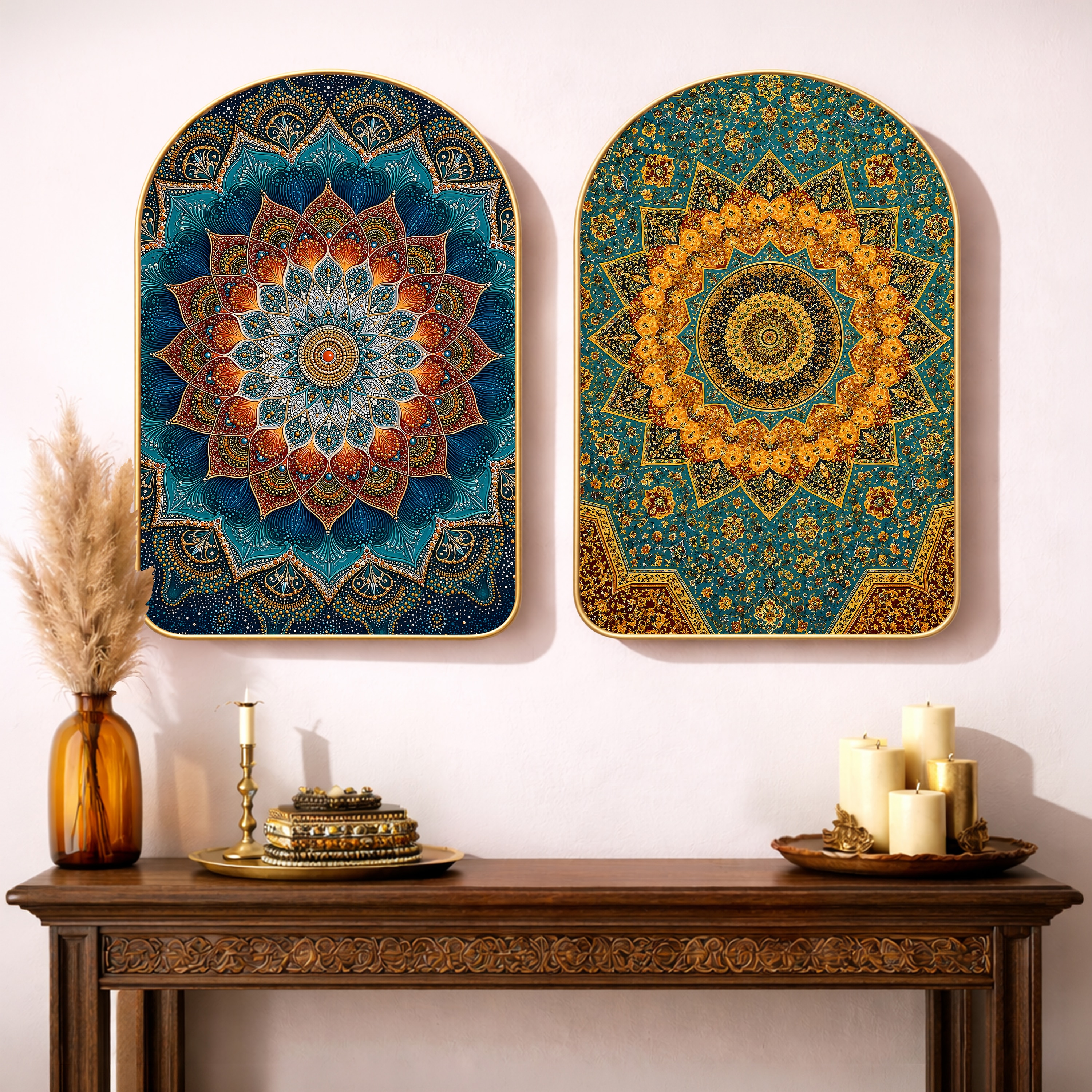 Mandala Flowers Chakra Wall Art Painting Set of 2 with Gold Frame 16 x 24 Inch - Art Street