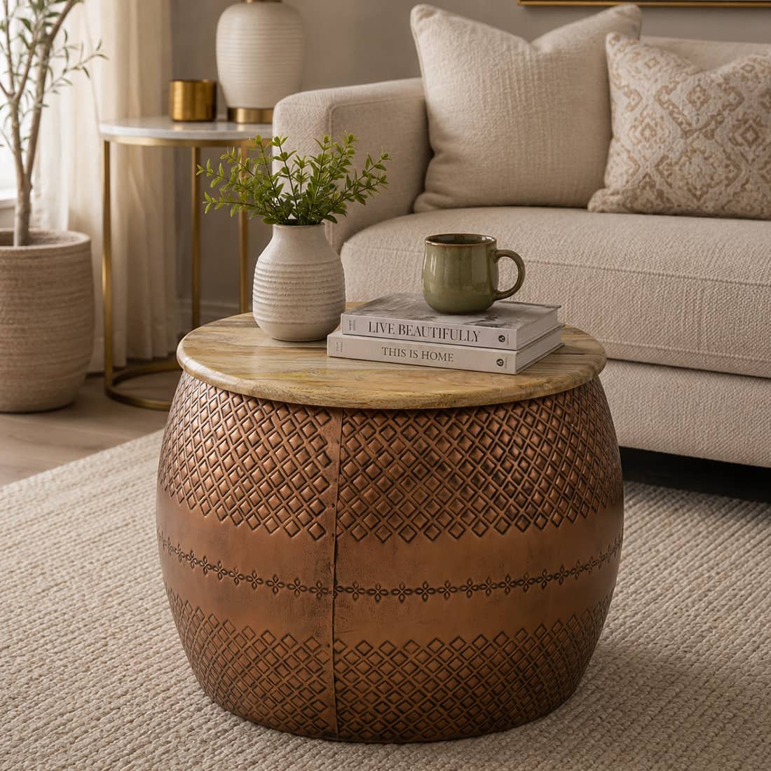 Rustic Round Metal Coffee Table in Copper Finish - Bhavya Exports