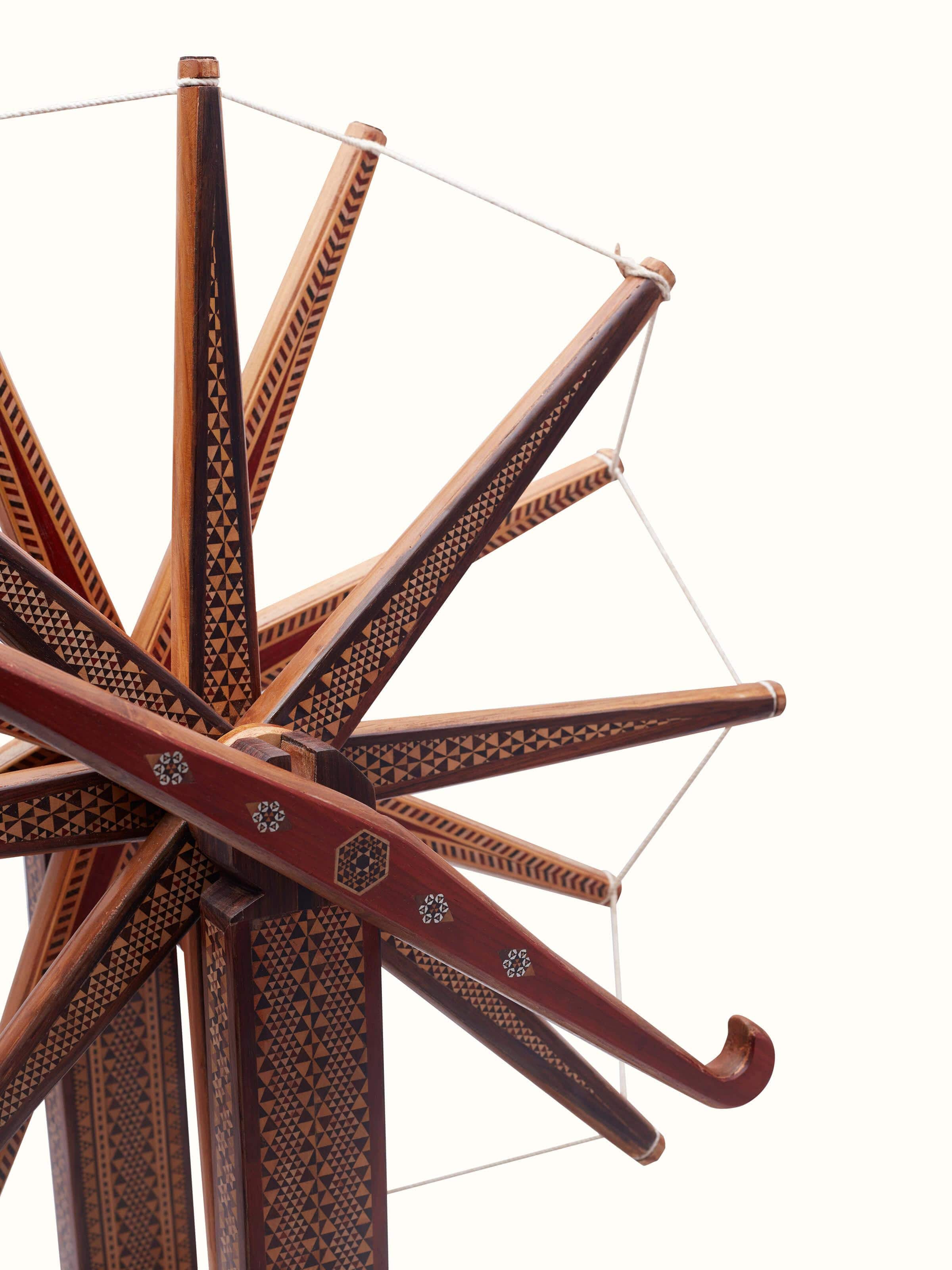 Detail view of Marquetry Rosewood Charkha in Multicolor