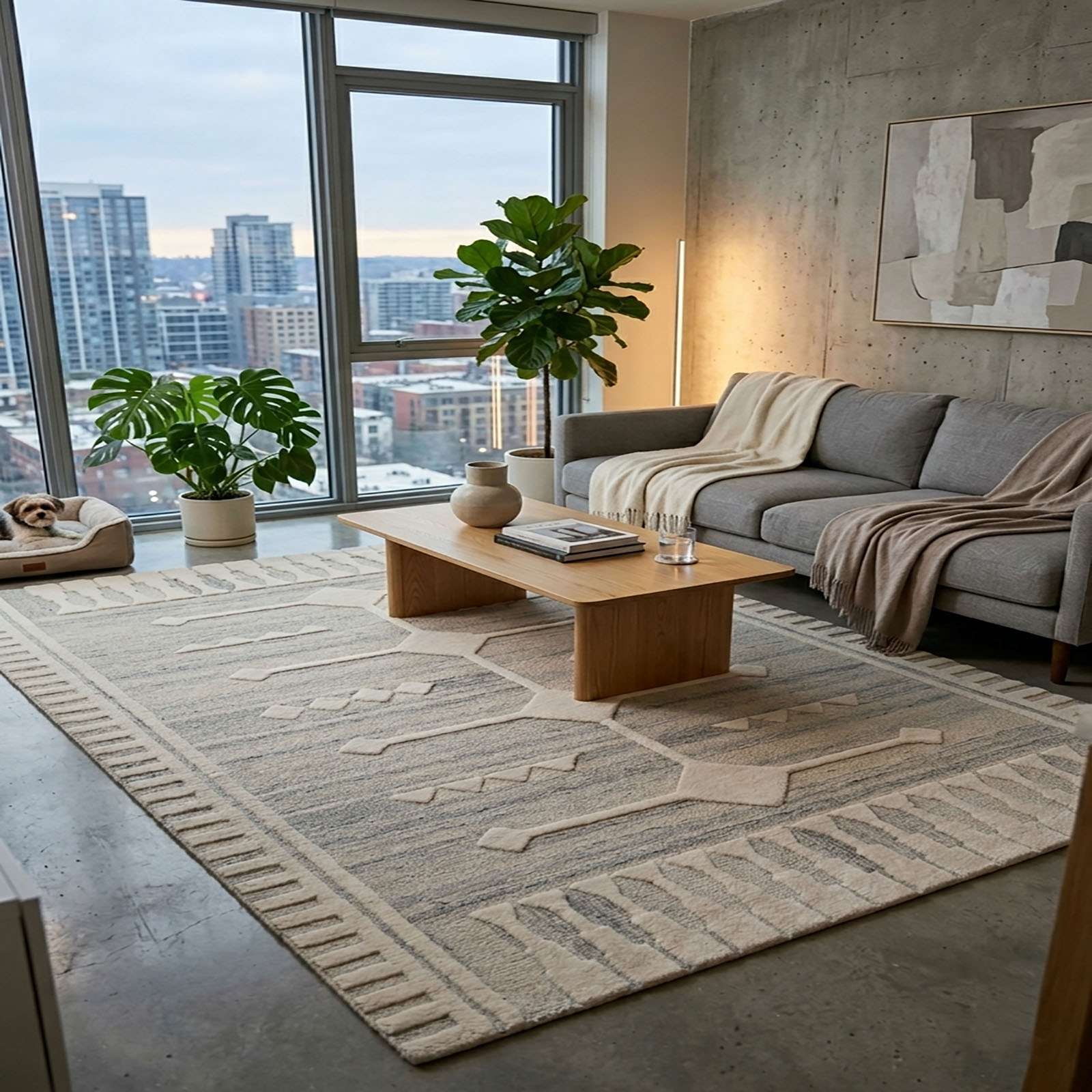 Modern Geometric Wool Area Rug Grey Cream 60 x 91 - The Woven Legacy