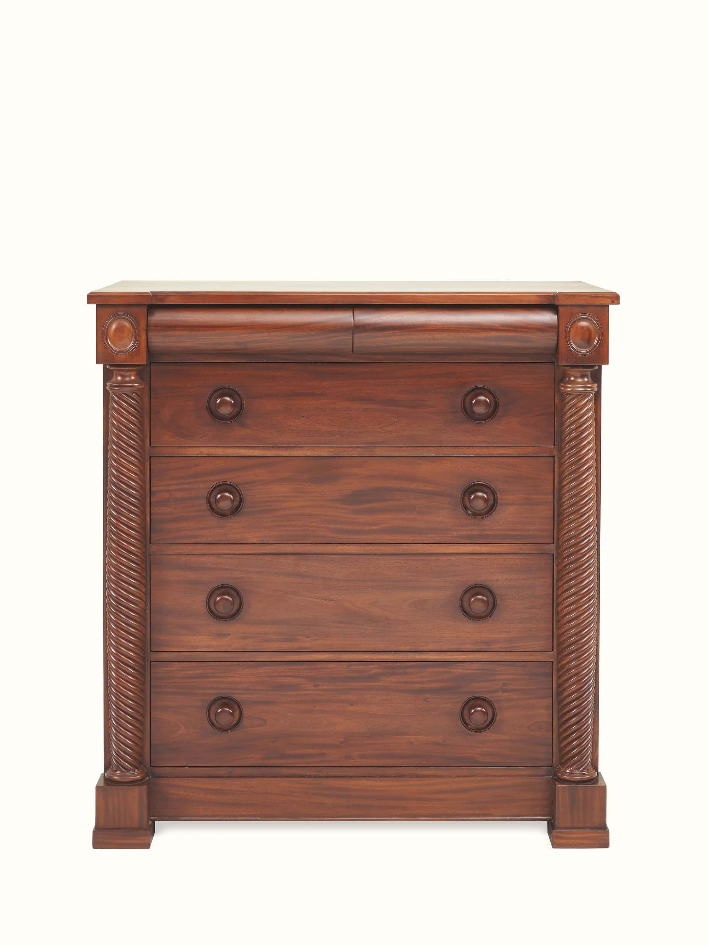 Front view of Mahogany wood chest of drawer showcasing six spacious drawers and a smooth, polished finish