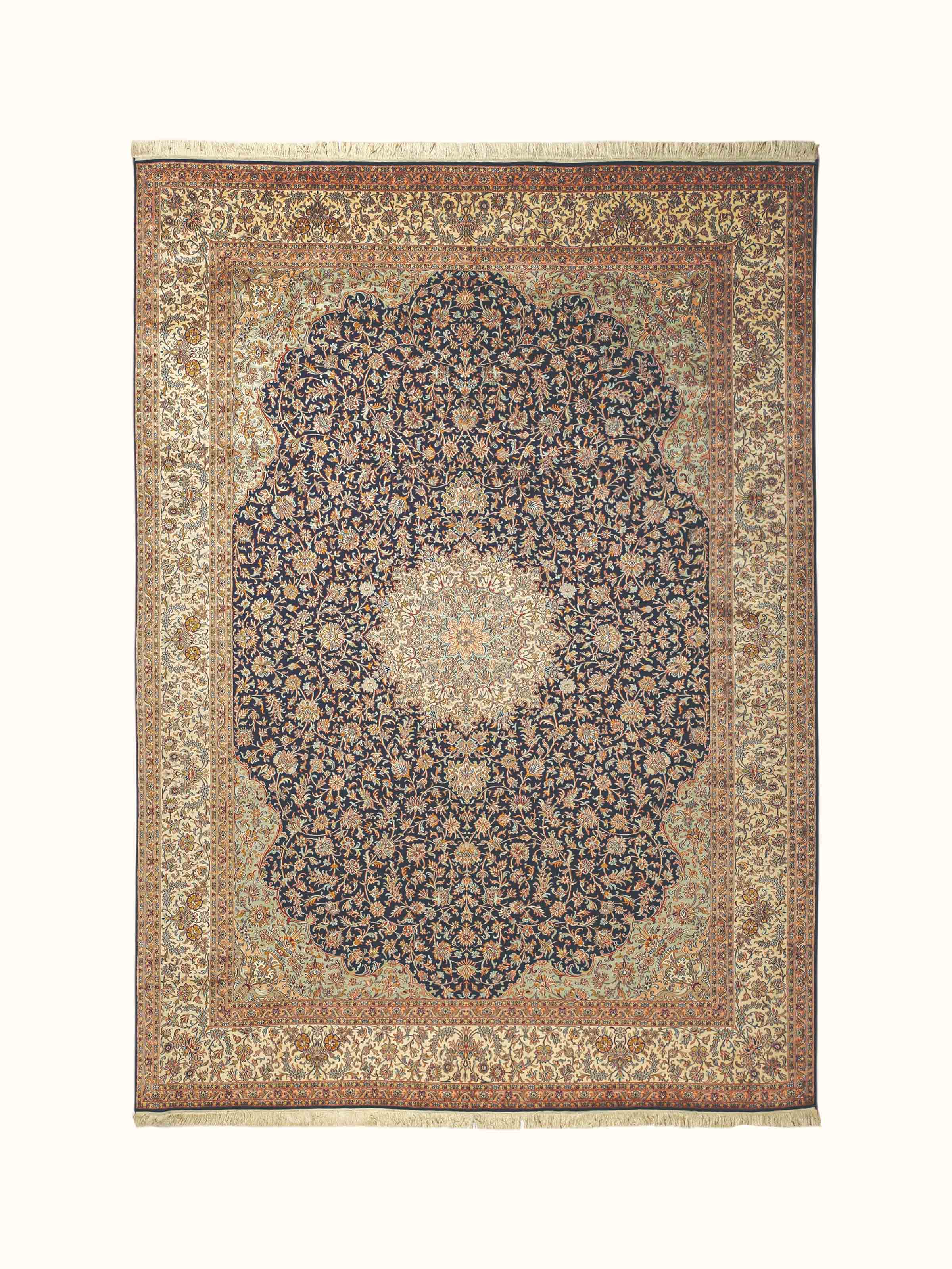 Traditional Persian Navy Ivory Kashan Kashmir Silk Hand-Knotted Carpet