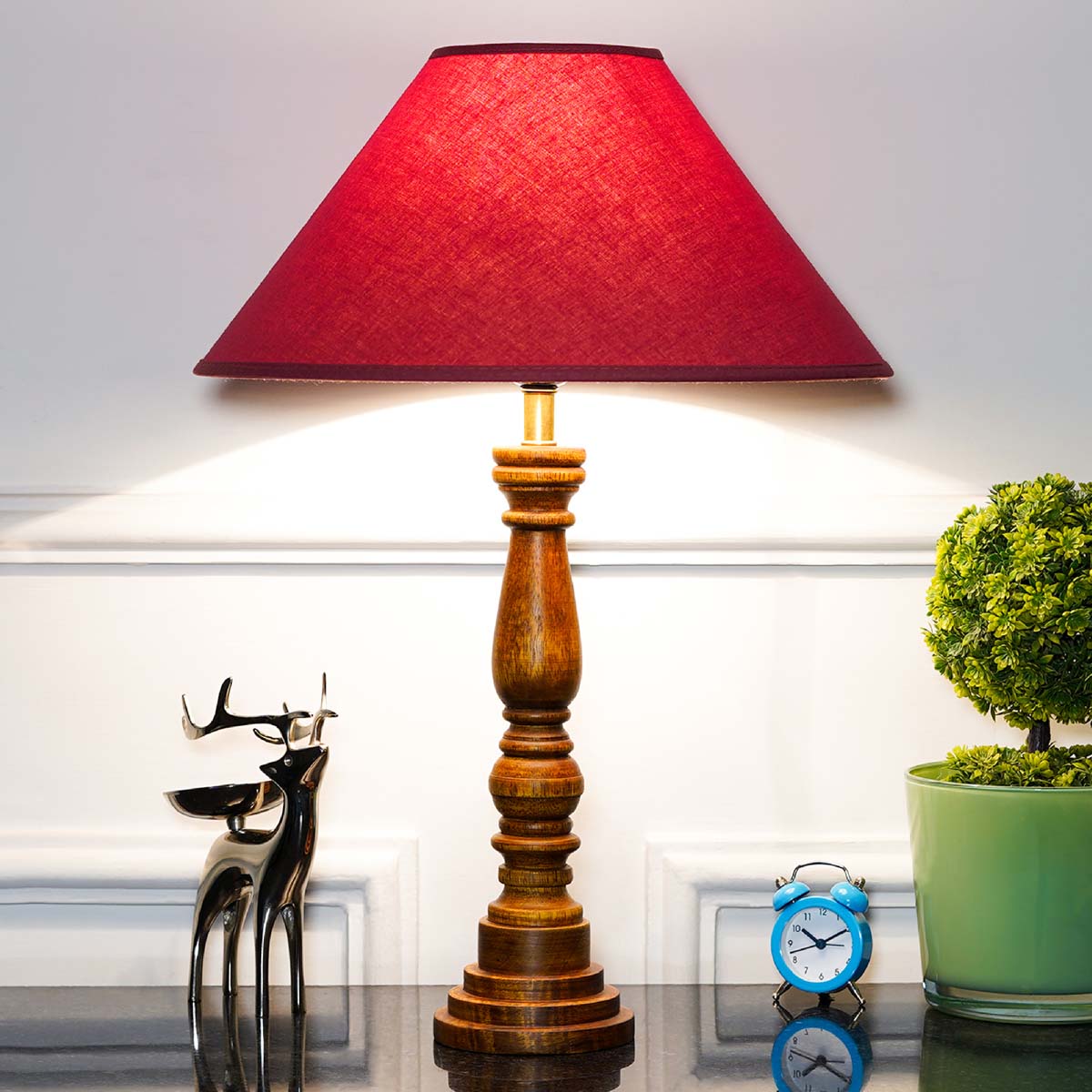 Hatton hand crafted Solid wood honey finish table lamp With Maroon Cotton Shade