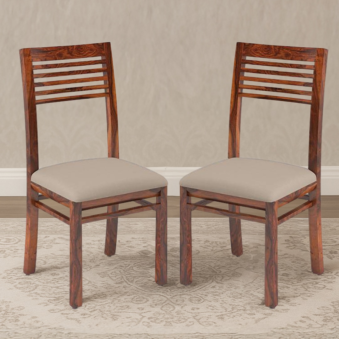 Zella Solid Wood Dining Chair Set Of 2 In Teak Finish With Wheat Brown Colour Fabric