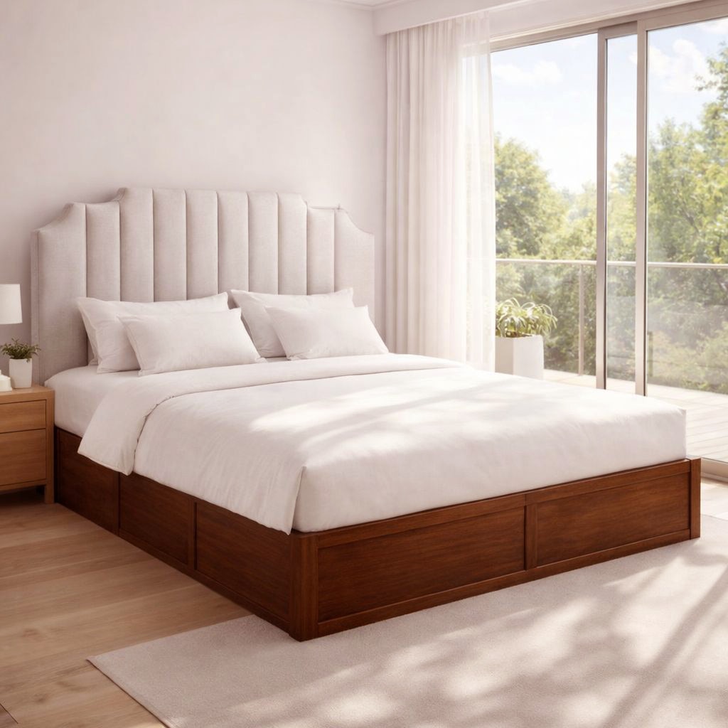 Zyra Solid Wood Queen  Size Upholstered Bed With Box Storage (Provincial Teak Finish, Grey Colour) - Globally Indian