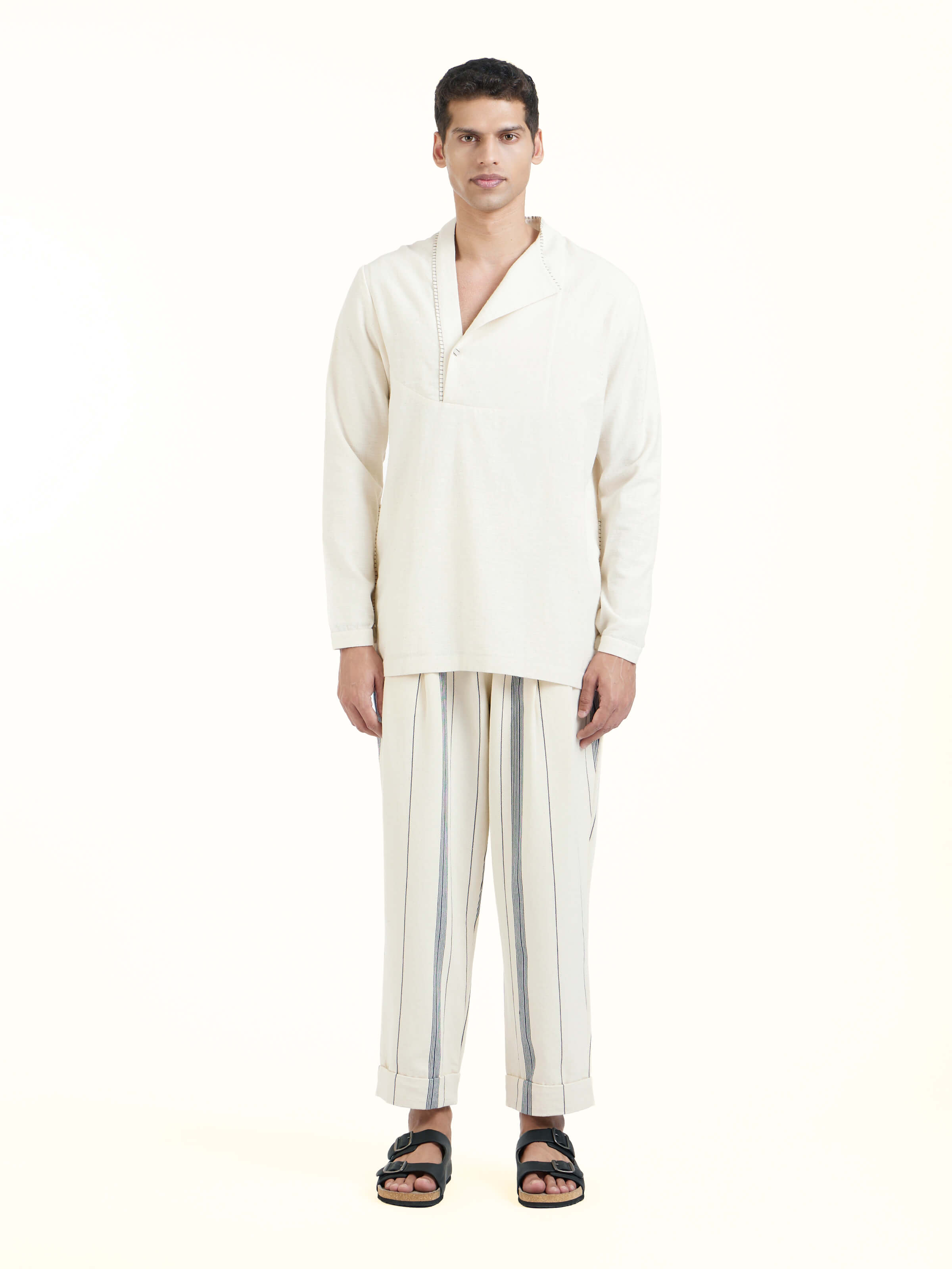 Front view of ivory cotton handloom short kurta with minimal design