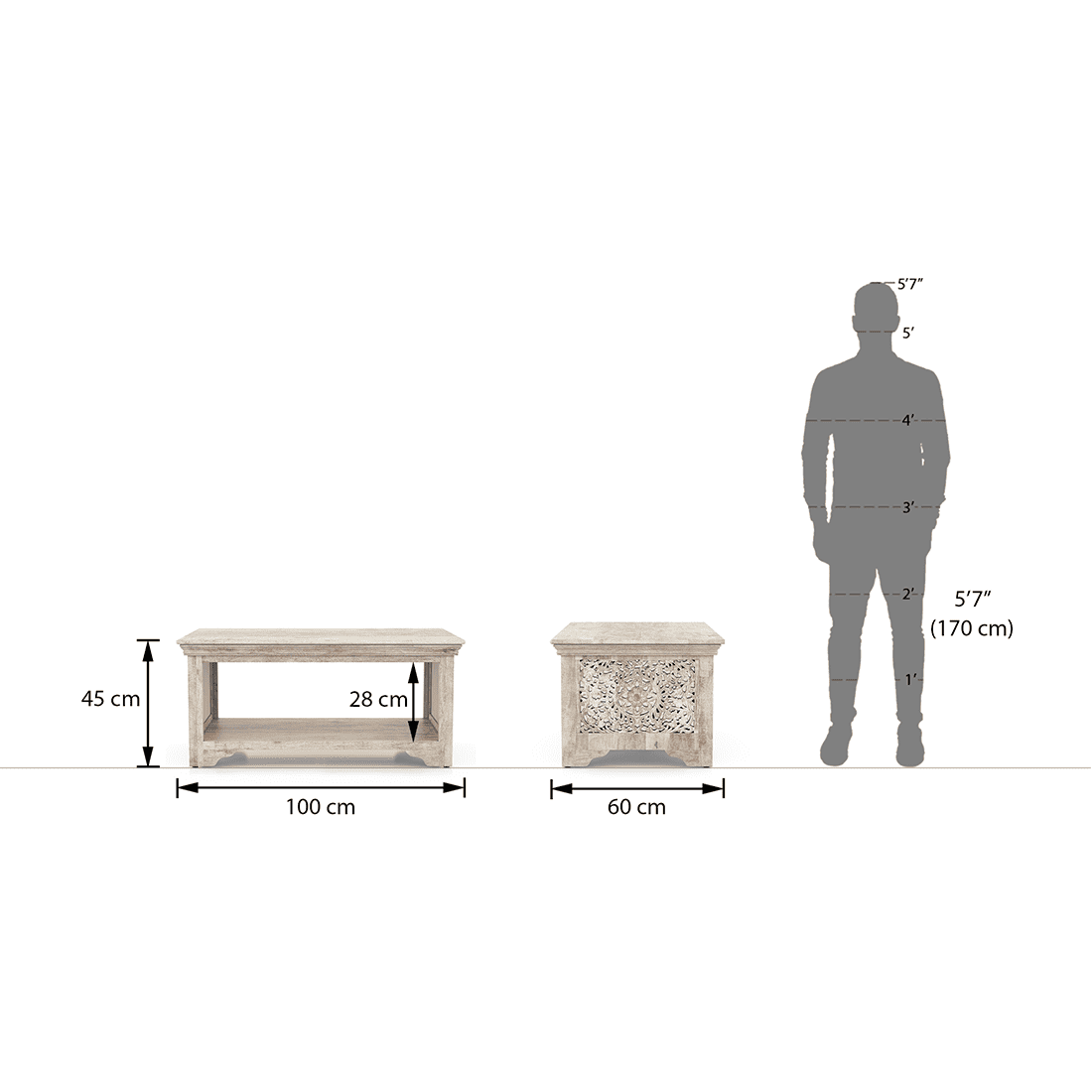 Anokhi Rectangular Solid Wood Coffee Table In Rustic White Finish