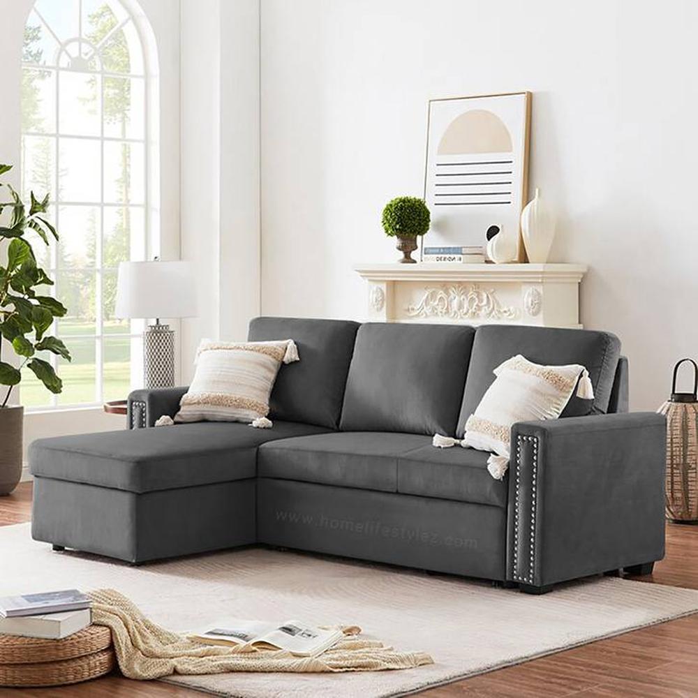 Liam Solid Wood Sofa cum Bed in Dark Grey