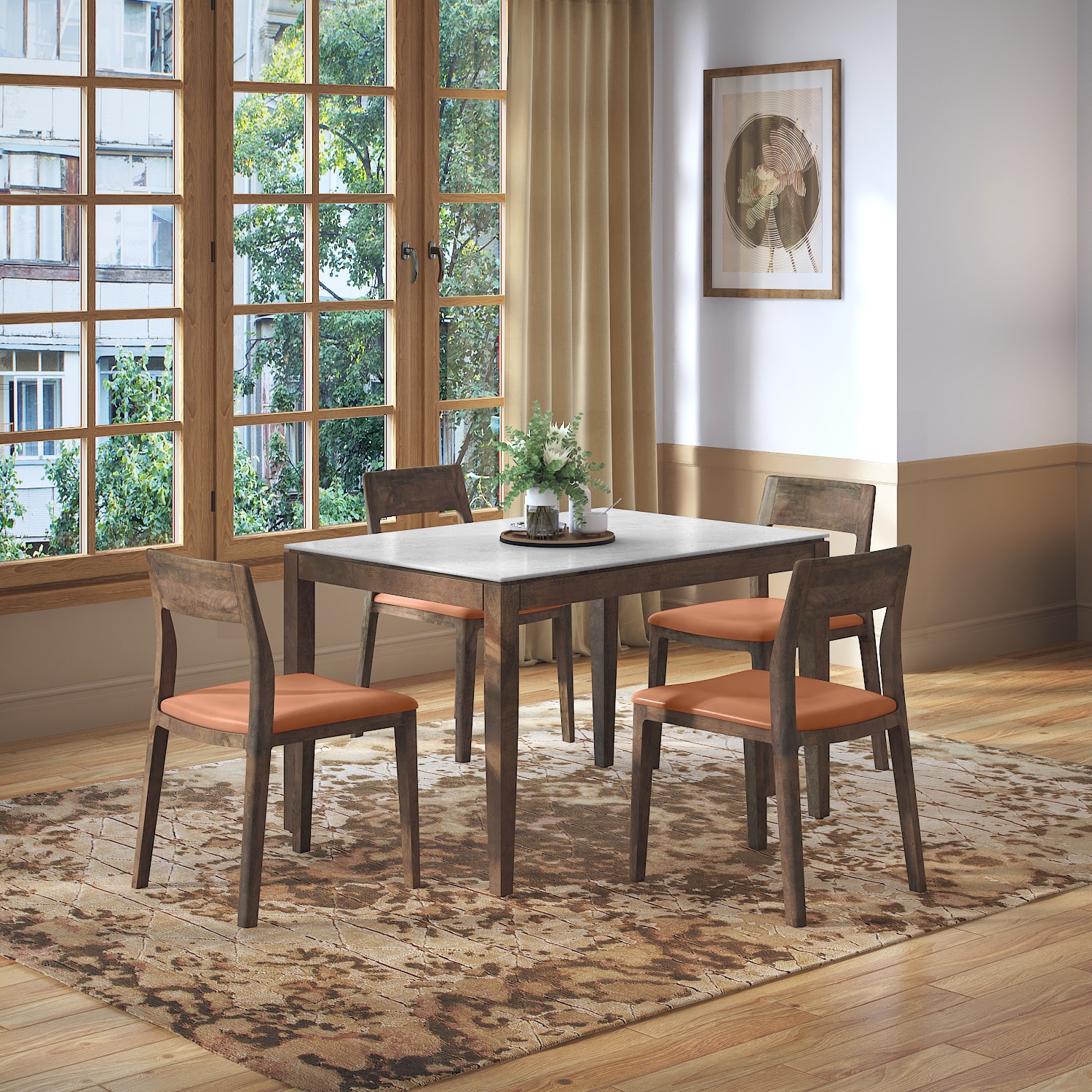 Emry Rectangular Aurora Pearl Ceramic 4 Seater Dining Table In Danish Walnut Finish