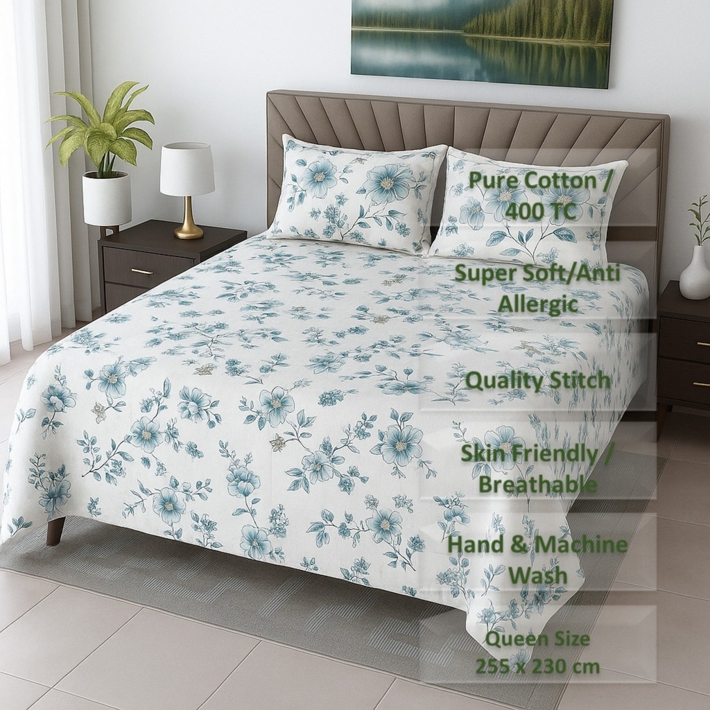 White Floral 400 TC Cotton Flat Queen Size Bedsheet With 2 Pillow Covers From Threads