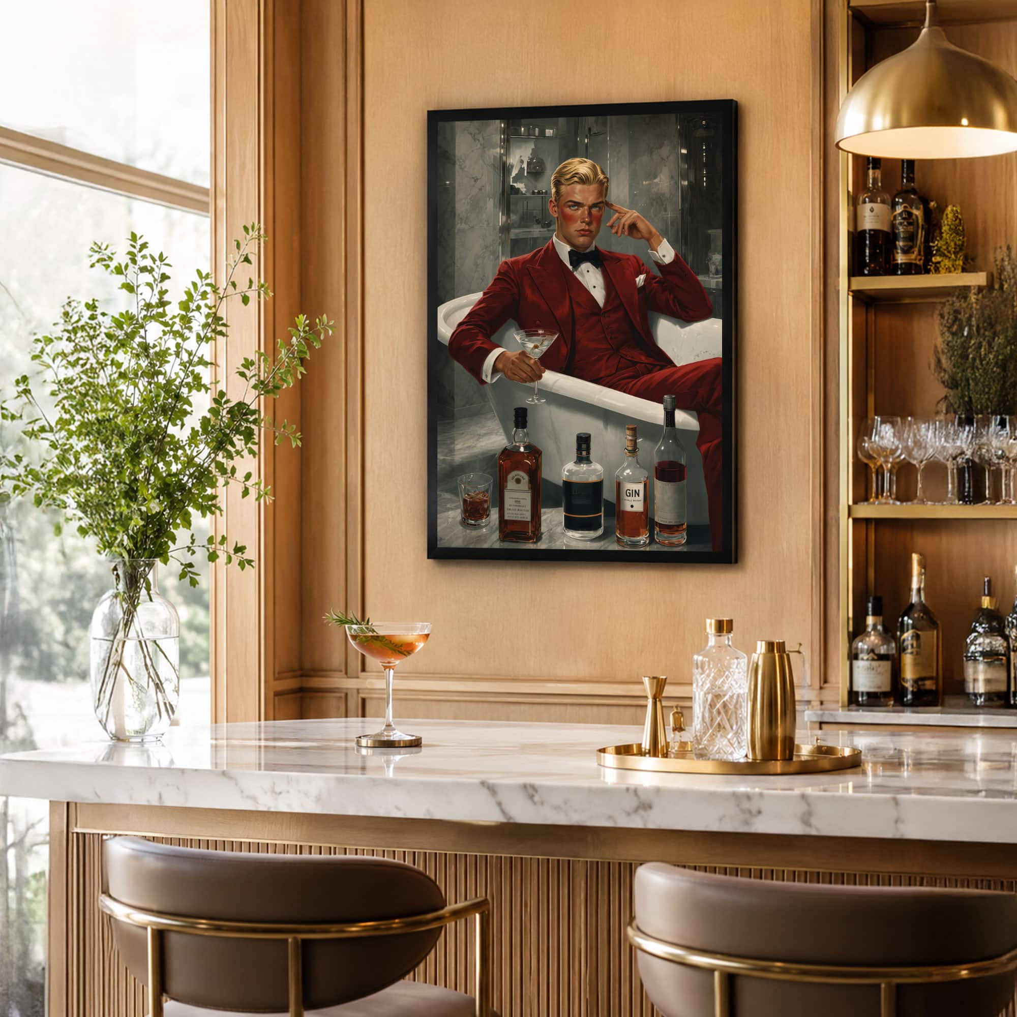 The Castle Decor Gentleman Red Suit Cocktail Wall Art Framed Painting 14x20 Inch - The Castle Decor
