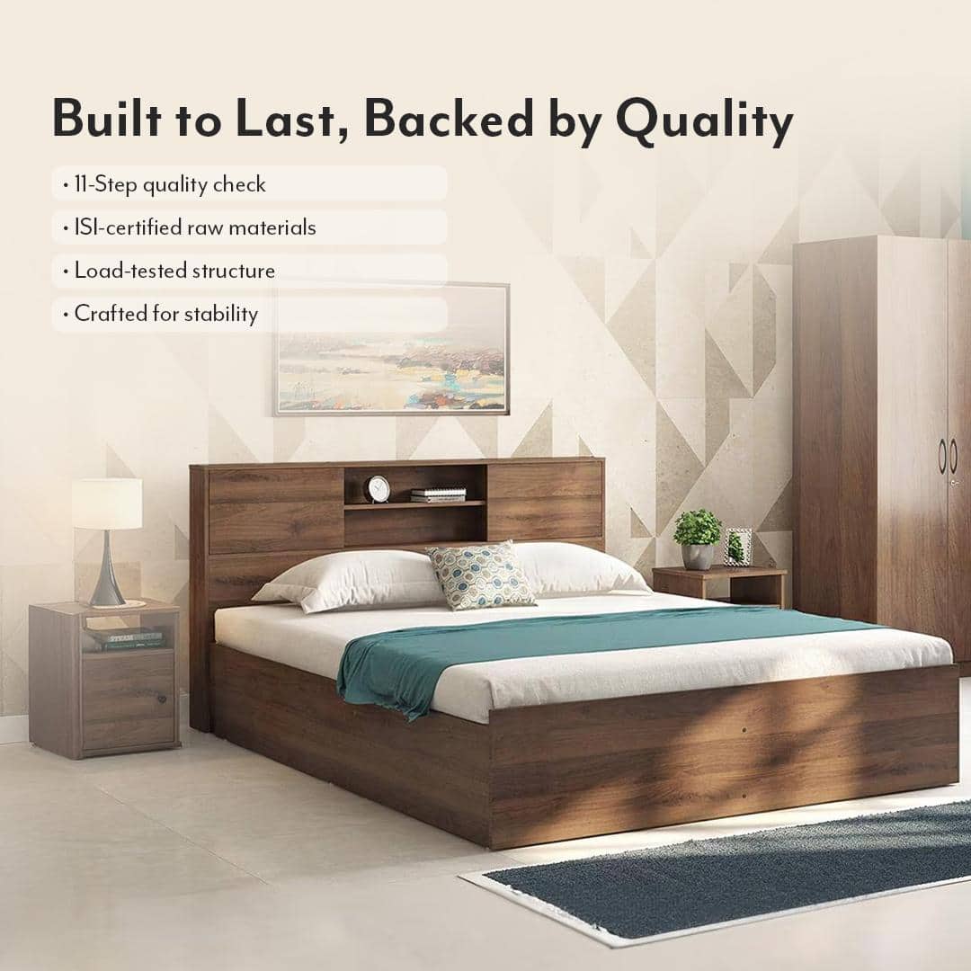 Amy Engineered Wood Queen Size Box Storage Bed In Classic Walnut Finish