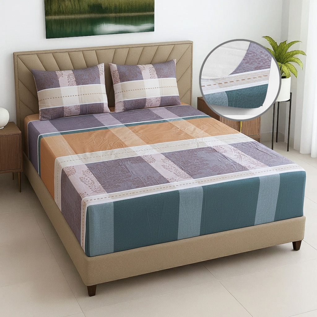 Beige Geometric 270 TC Glaze Cotton Fitted Queen Size Bedsheet With 2 Pilllow Covers - Threads