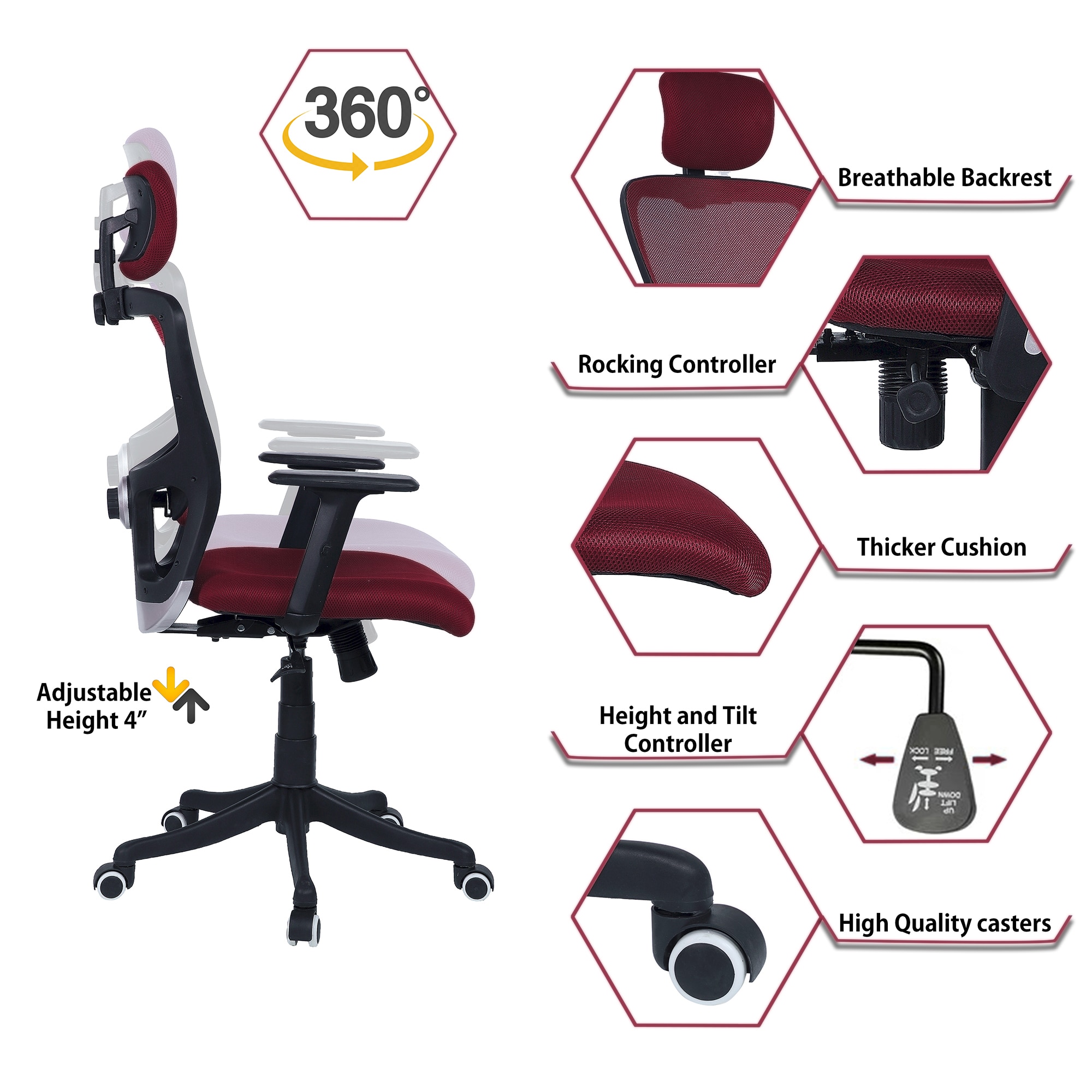 Dreaceo High Back Ergonomic Chair in Maroon Colour