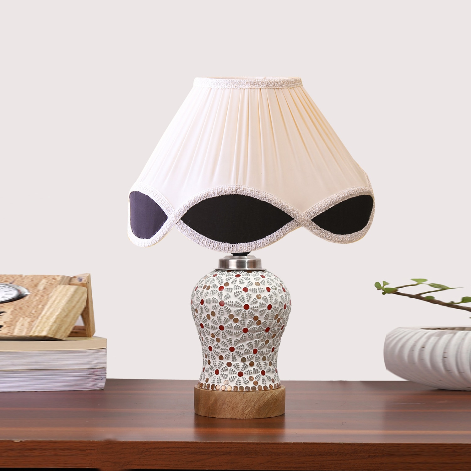 Devansh Multi  Vintage  Cotton Pleated Shade Lamp With Wood & Mosaic Glass Base For Decoration/Office/Home/Gifting/Study For Decoration/Office/Home/Gifting/Study