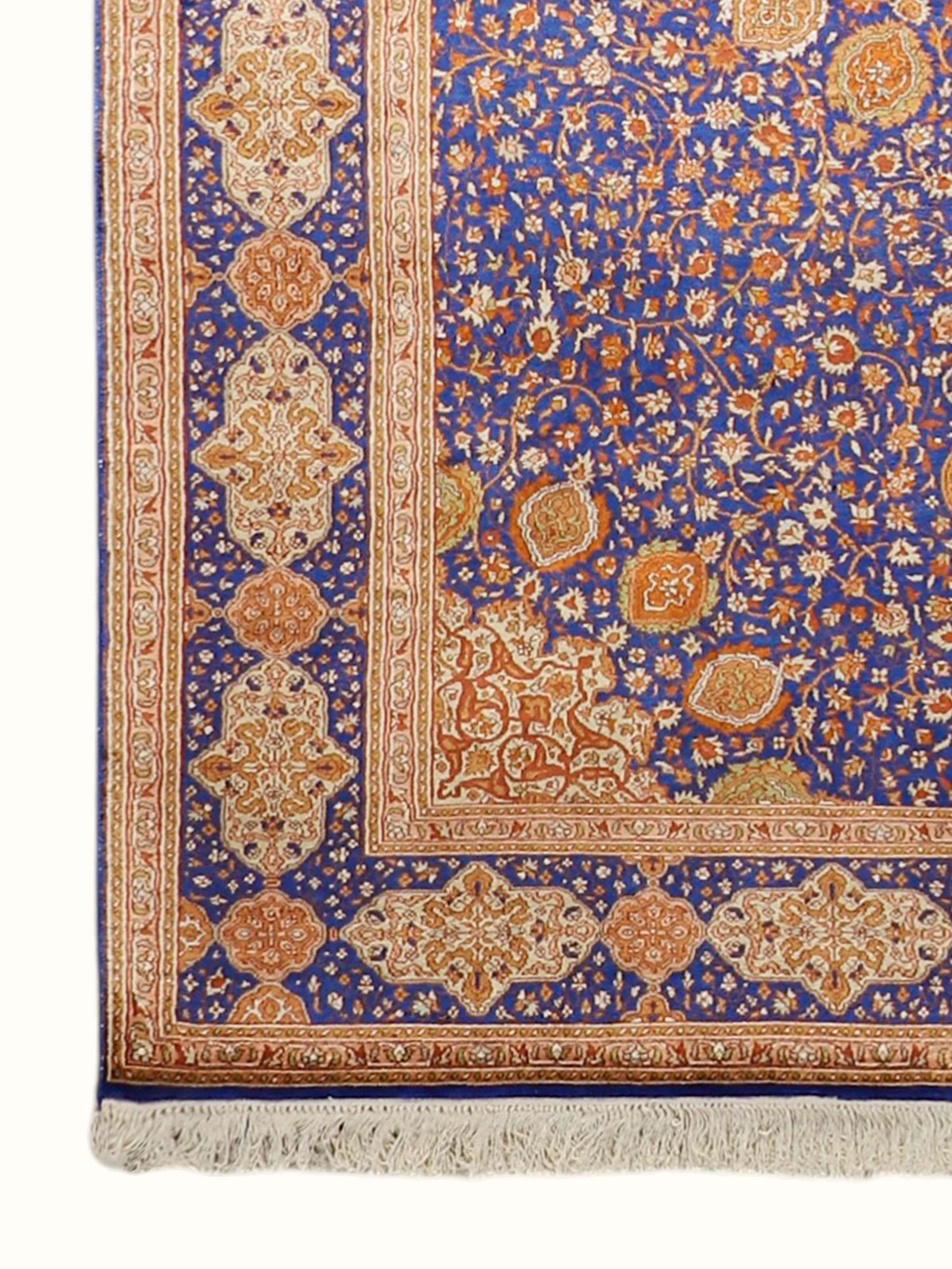 Traditional Persian Royal Blue Rust Ardabil Kashmir Silk Hand-Knotted Carpet