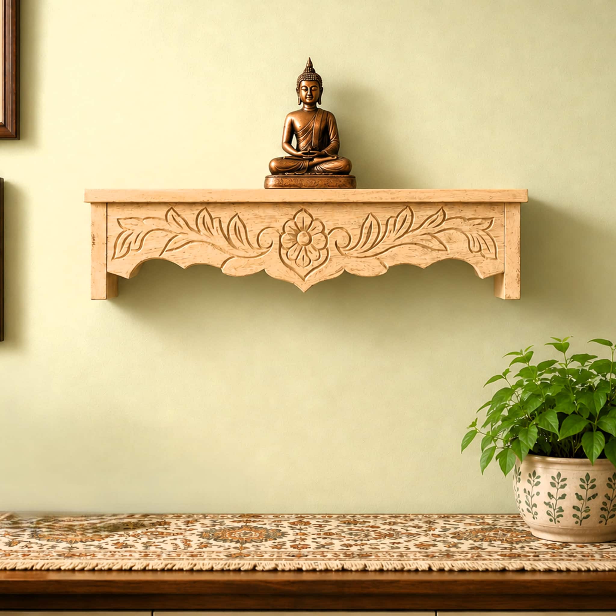 Multishade Colour Solid Wood Handcarved Parijat Floating Wall Shelf with distres finish by DisooFashions - Disoo Fashions