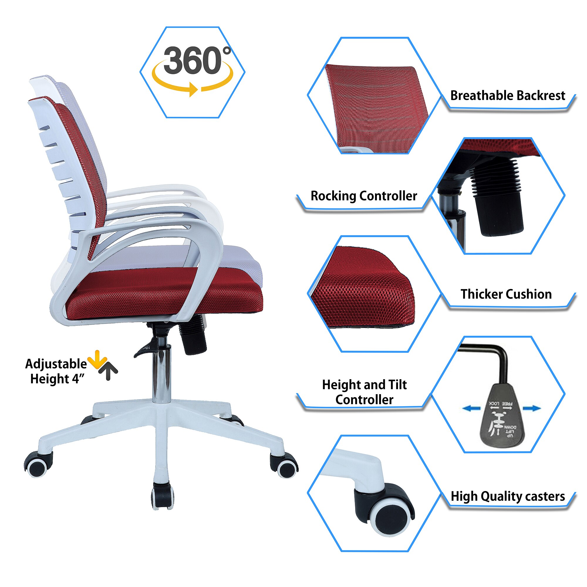 Mmarveal Mid Back Ergonomic Chair in Red Colour