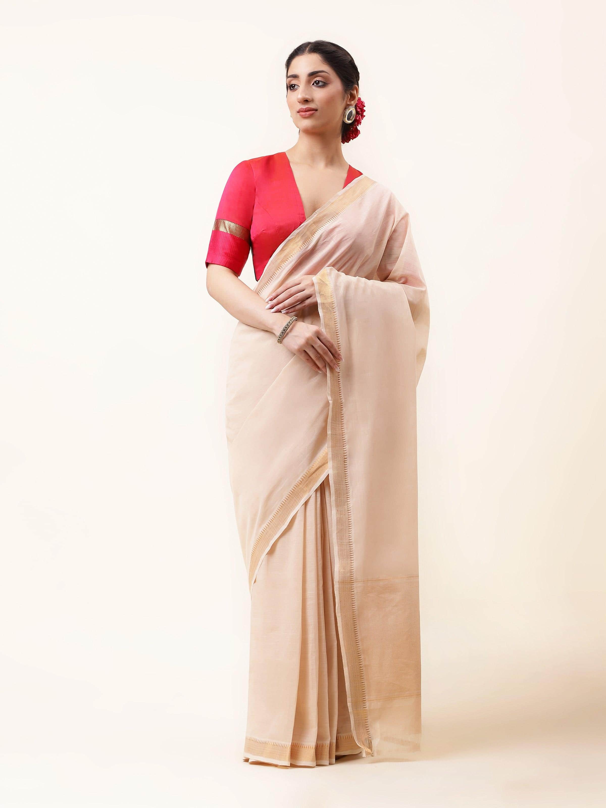 Front view of off-white gossamer and cotton Mangalgiri saree with subtle sheen