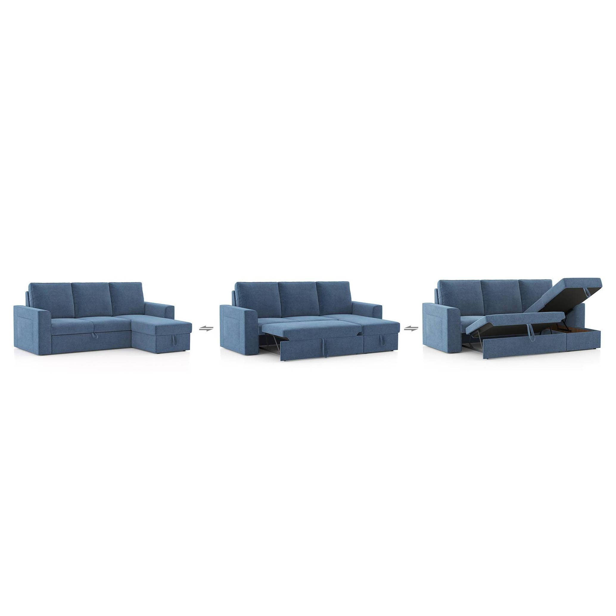 Kowloon Sectional Sofa Cum Bed with Storage Colour Baltic Blue premium chenille