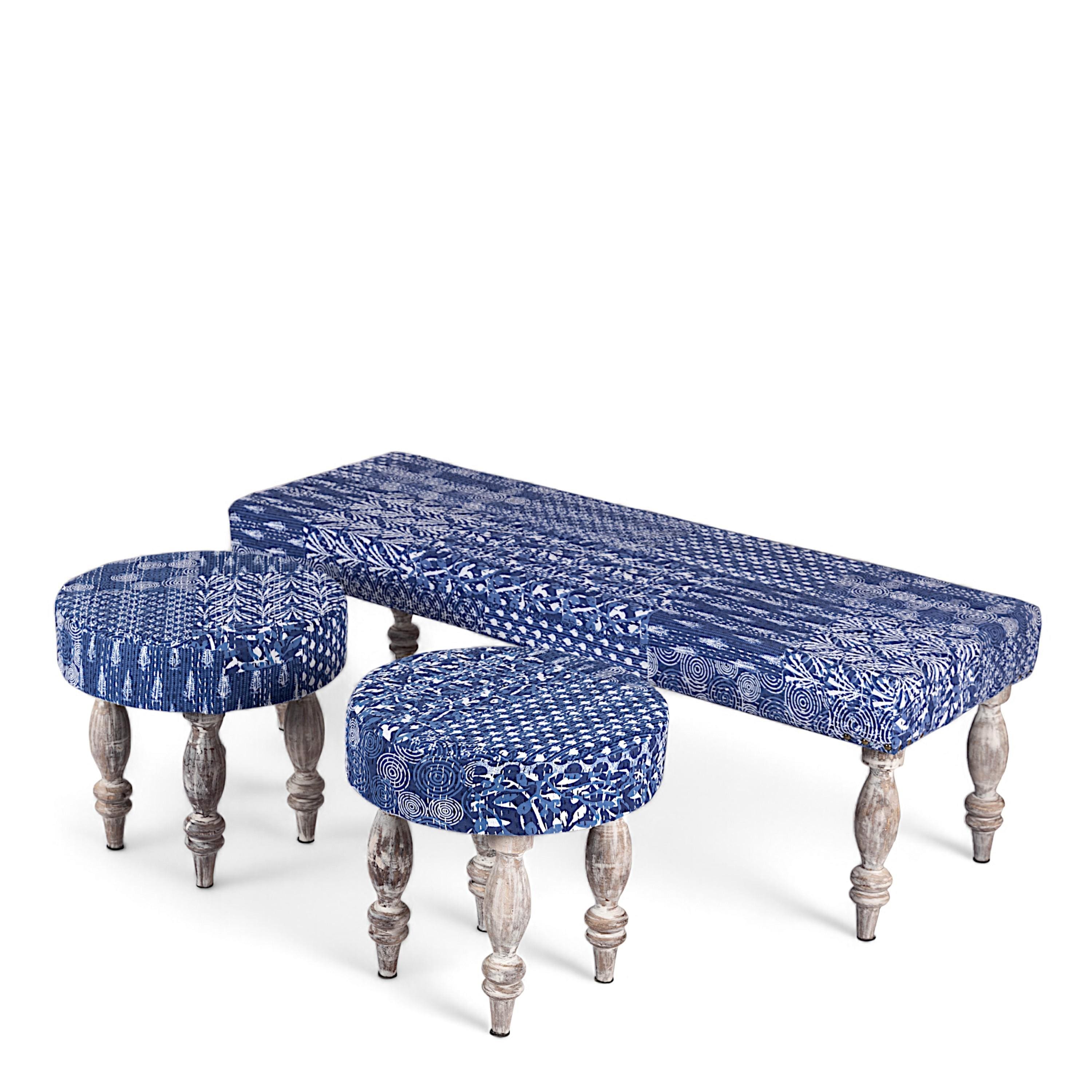 Cairo Sheesham Wood Mid Century 3+1+1 Seater Bench Set With 2 Stools In Indigo Patchwork Kantha
