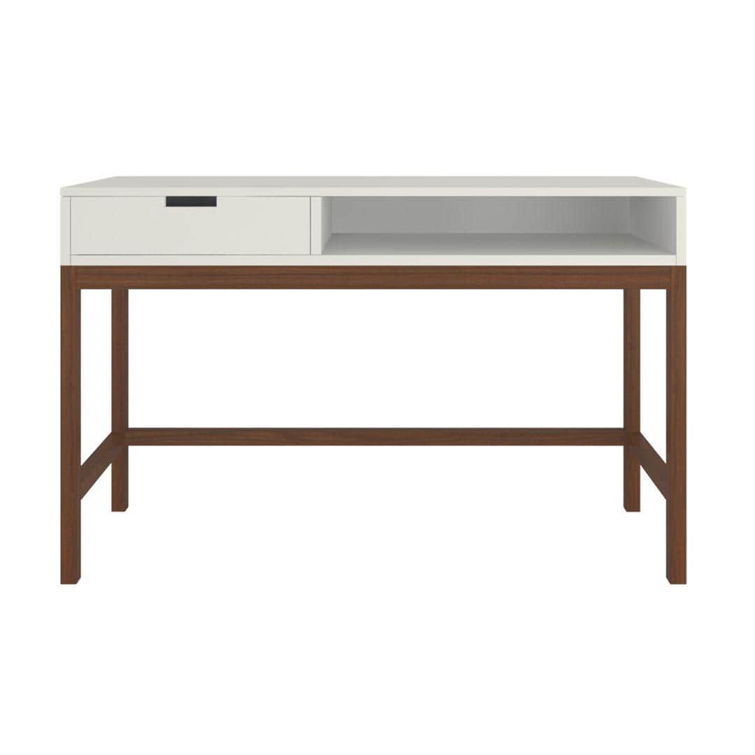 Montana Teak Wood Study Desk with Drawer and Open Shelf in Ivory Coffee Walnut Colour