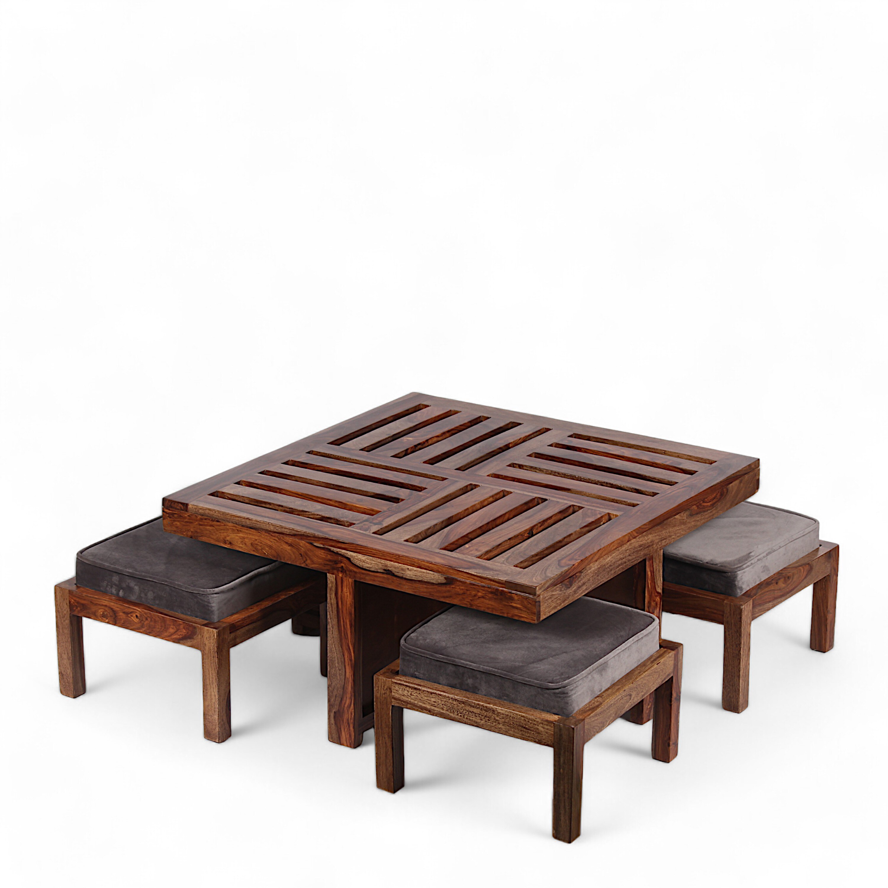Palladio Sheesham Wood Coffee Table With 4 Stools Set In Teak Finish & Iron Grey Velvet Fabric Cushions