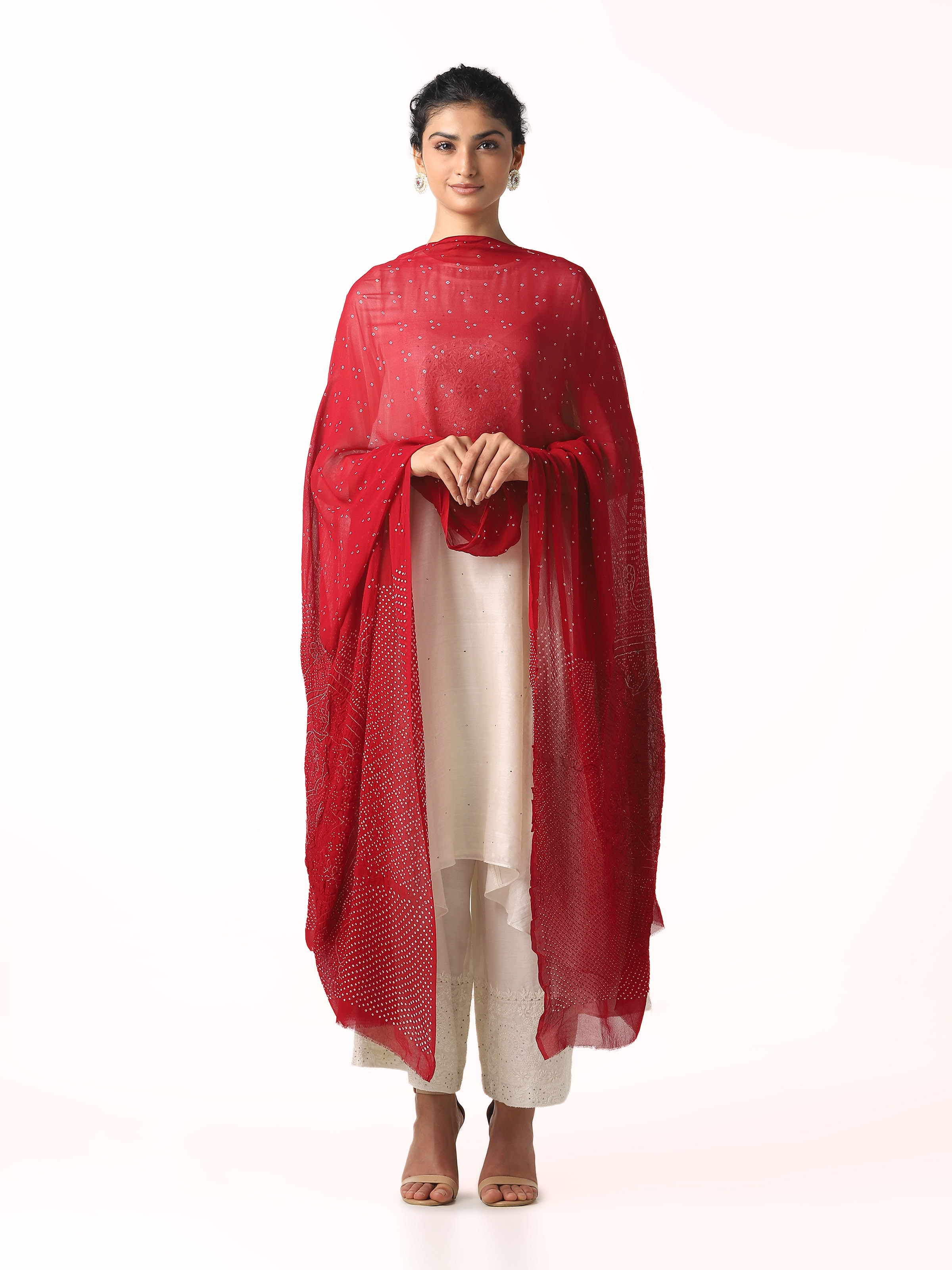 Front view of red georgette Bandhani tie and dye dupatta with classic resist-dyed motifs