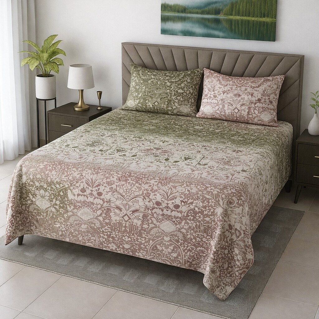 Lena Multicolor Floral 400 TC Cotton Flat Super King Size Bedsheet with 2 Pillow Covers – Threads - Threads
