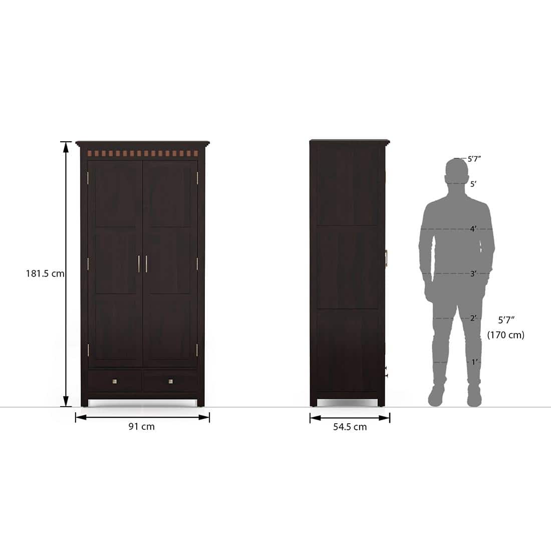 Fidora Solid Wood 2 Door Wardrobe in Mahogany Finish