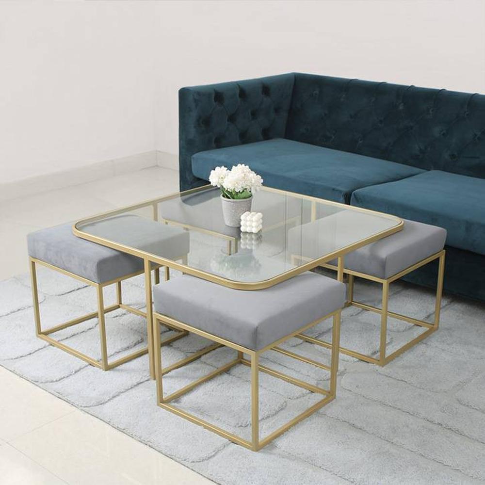 Benton Nesting Clear Glass Coffee Table Set With 4 Stools In Gold Finish - Claymint