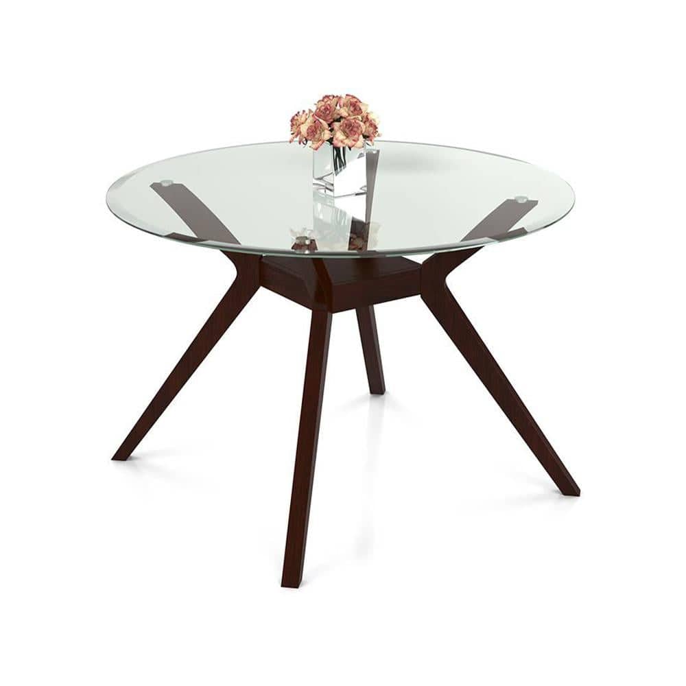 Wesley - Cabalo (Leatherette) 4 Seater Round Glass Top Dining Table Set (Colour- Black, Finish- Dark Walnut)