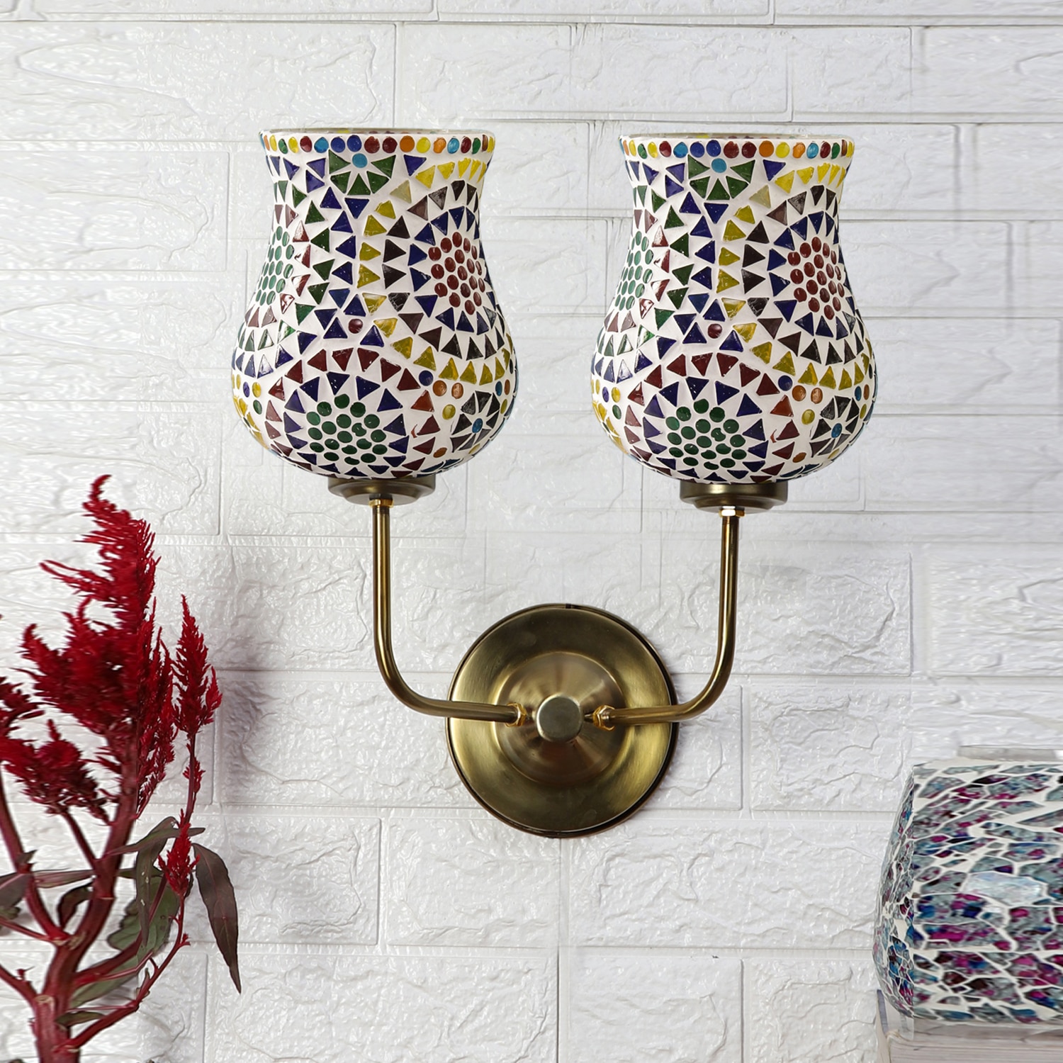 Devansh Metal Electric Wall Light in Gold Colour with Multicolor Shade Count of 2 Lights - Devansh