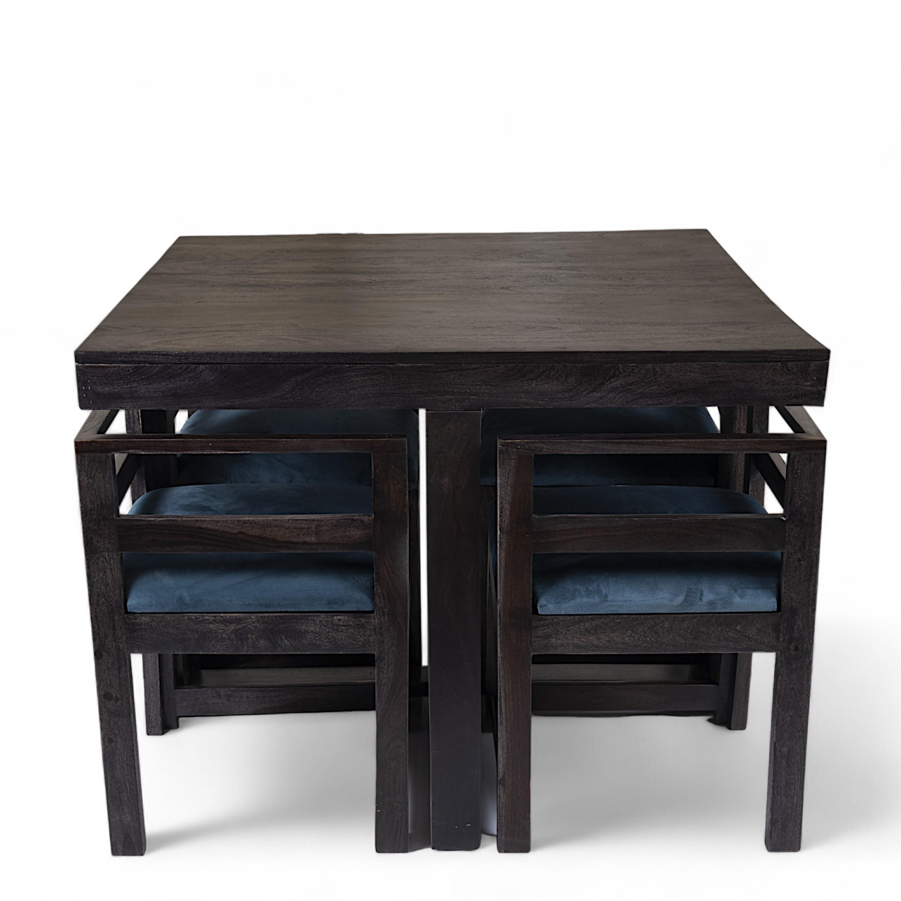 Kingston Sheesham Wood 4 Seater Dining Table Set in Mahogany Finish & Turquoise Sea Velvet fabric Upholstery