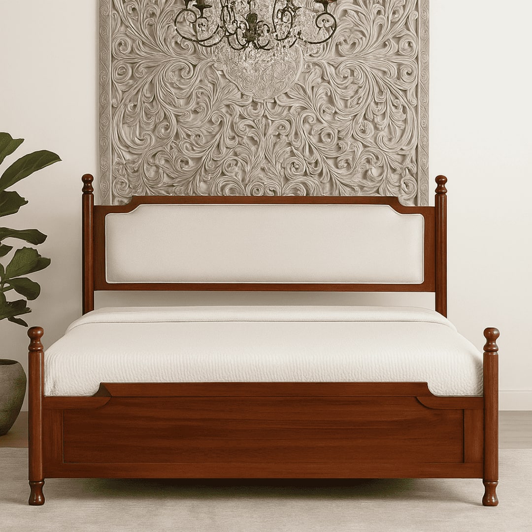 Camille Solid Wood Box Storage Queen Bed in Provincial Teak Finish with Grey Colour