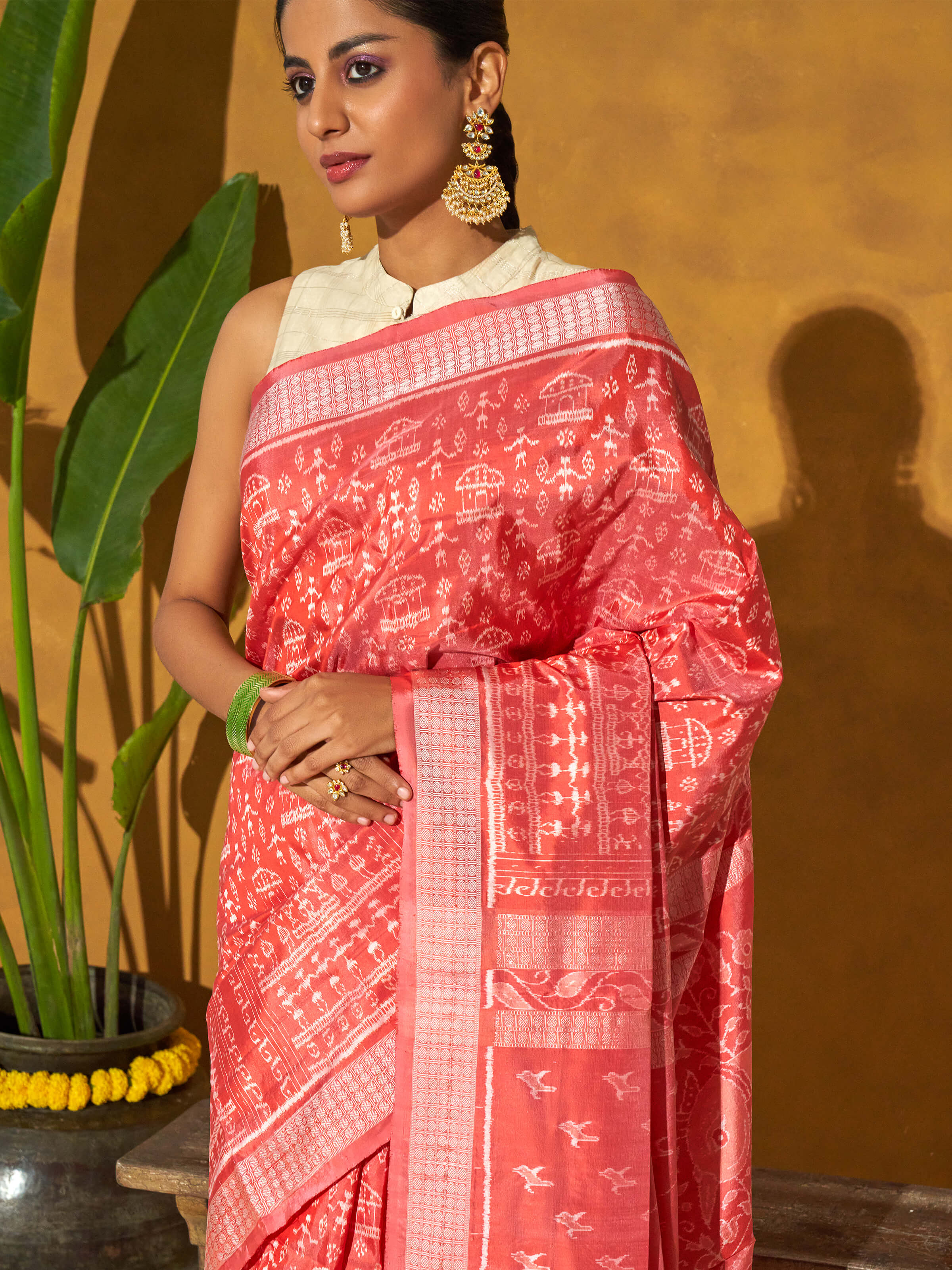 Peach Mulberry Silk Bandha Odisha Ikat Saree