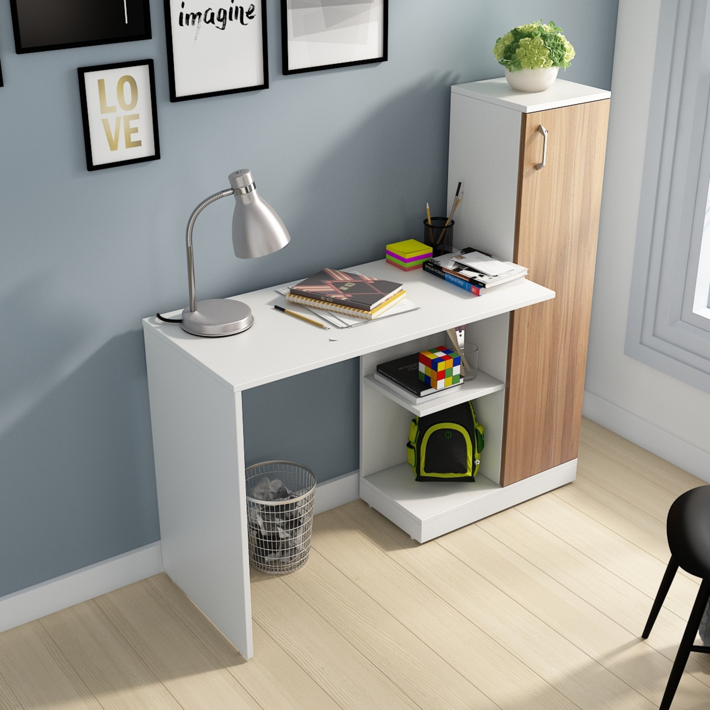 Troy Study Table Frosty White & Exotic Teak - A Globia Creations