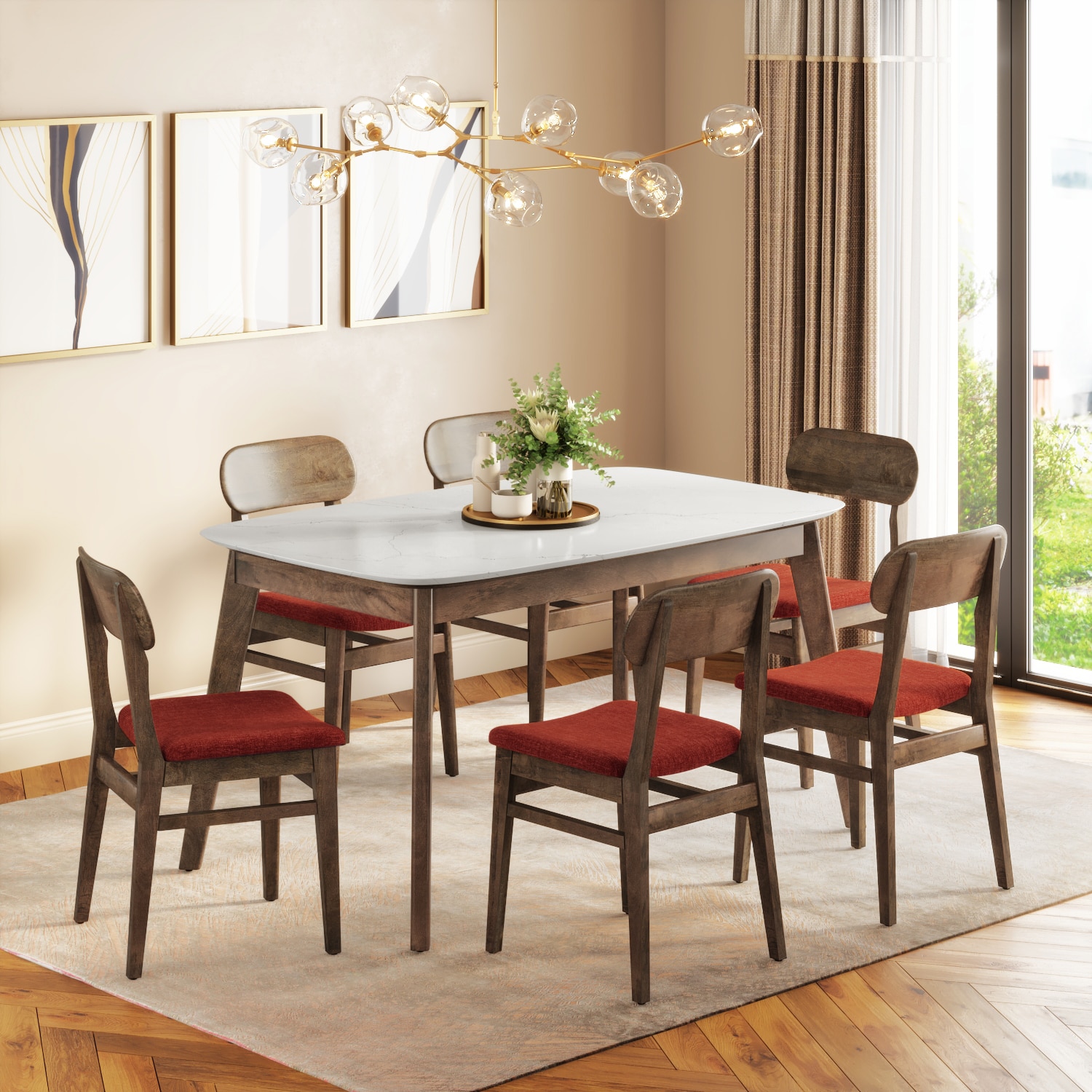 Lunar Solid Wood and Carrara White 6 Seater with 6 Lunar Dining Chair (Finish : Danish Walnut, Colour: Dark Coral) - Urban Ladder