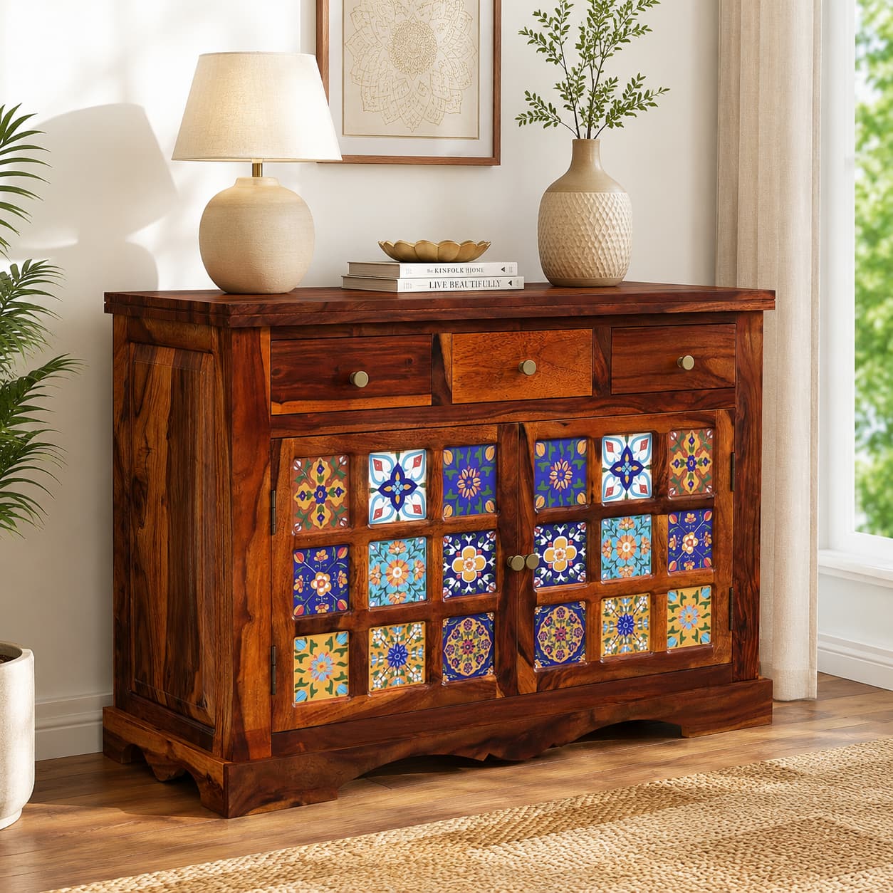Rangrez Two Door Sheesham Wood Sideboard in Honey Oak Finish - Woodenmood