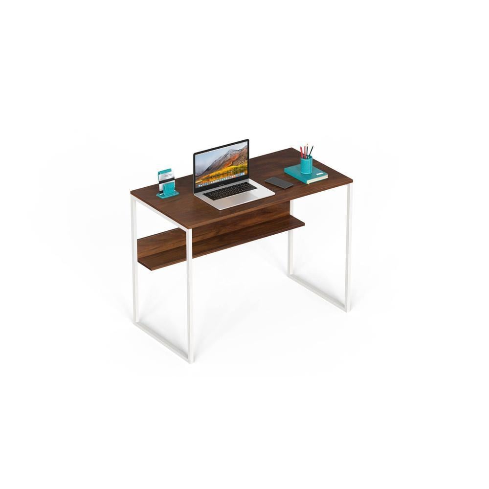 Corbyn Solo Engineered Wood Study, Laptop Table for Home or Office, WFH Desk with Additional Shelves Storage for Books and Décor Display for Adults Kids Students (Brown Maple & White Legs)