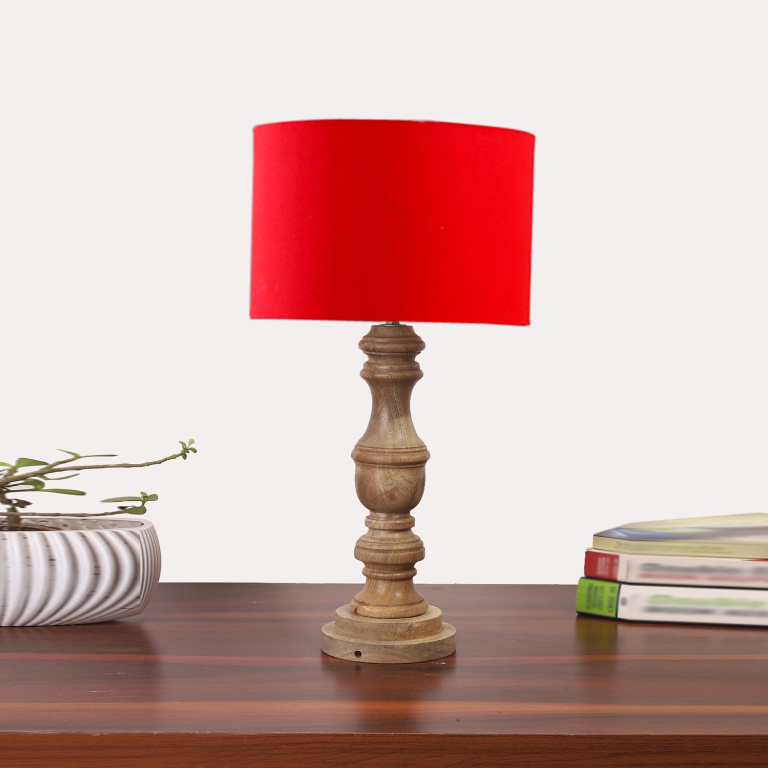 Devansh Red Cotton Table Lamp With  Wood Natural Base (7X17.5 Inches)-4