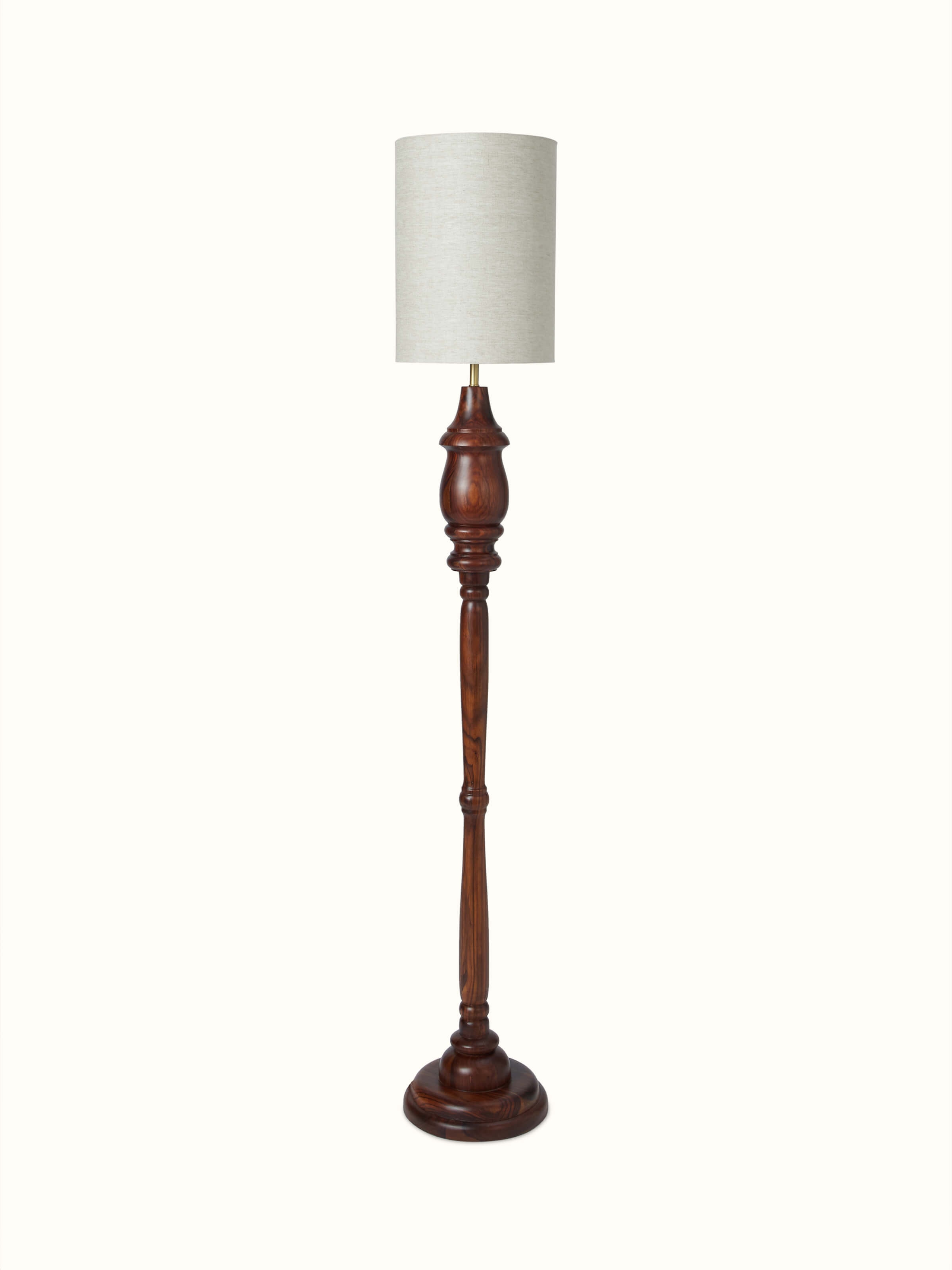 Front view of wood & cotton fabric floor lamp, featuring a sleek wooden base and elegant cotton fabric shade