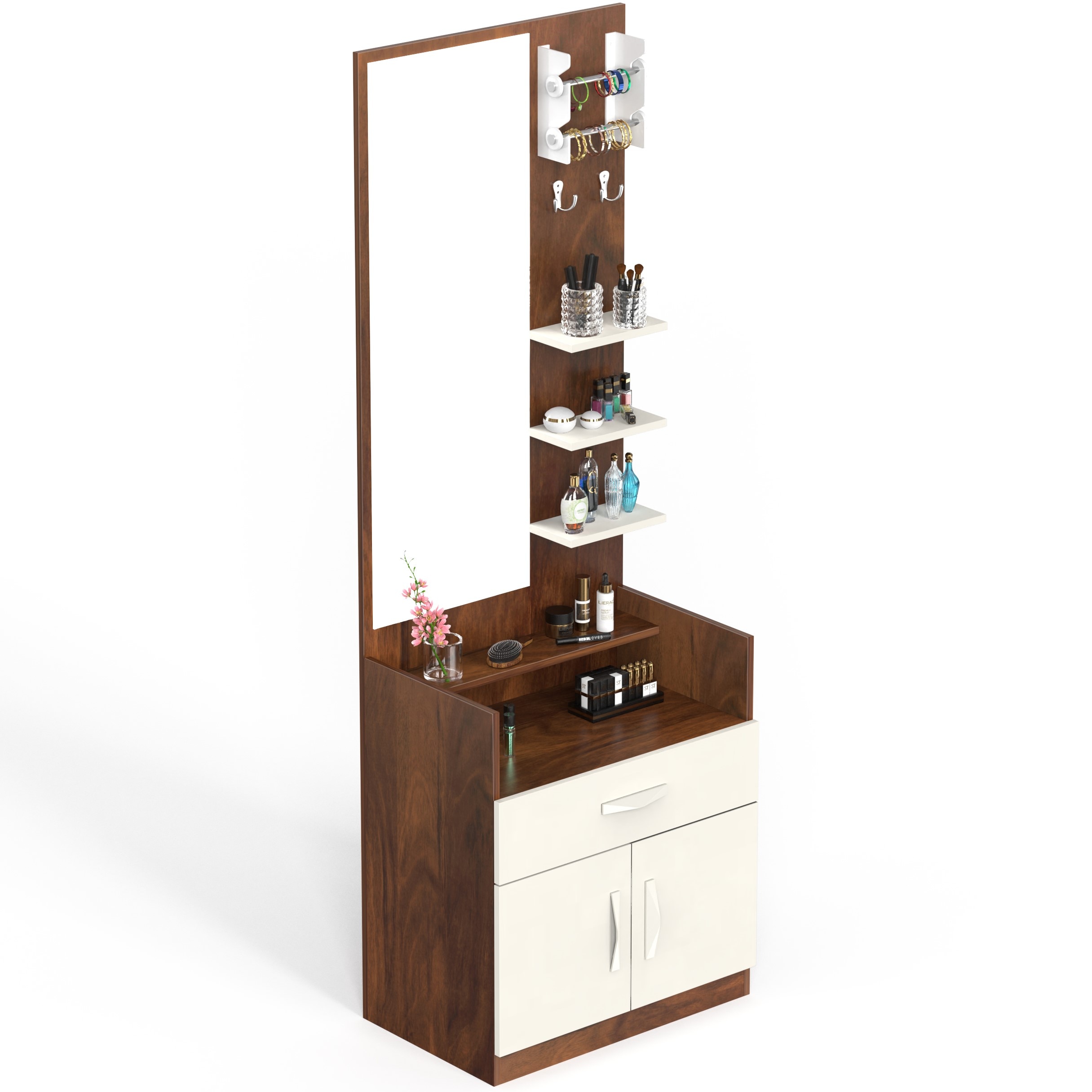 BLUEWUD Darci Engineered Wood Wall Mount/Floor Standing Dressing Table Organizer Makeup Vanity with Mirror Storage Shelves, Bangle Holder & Hooks for Bedroom Home Furniture (Brown Maple & White)