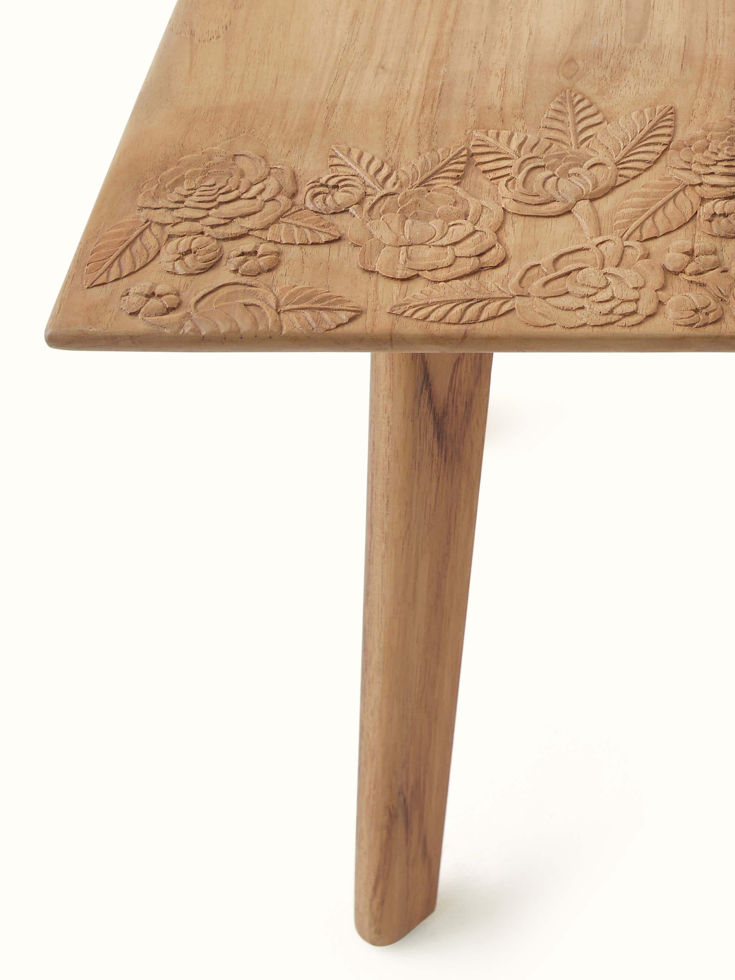Top view of Carved Teak Wood Square Side Table, emphasizing the smooth surface and intricate designs