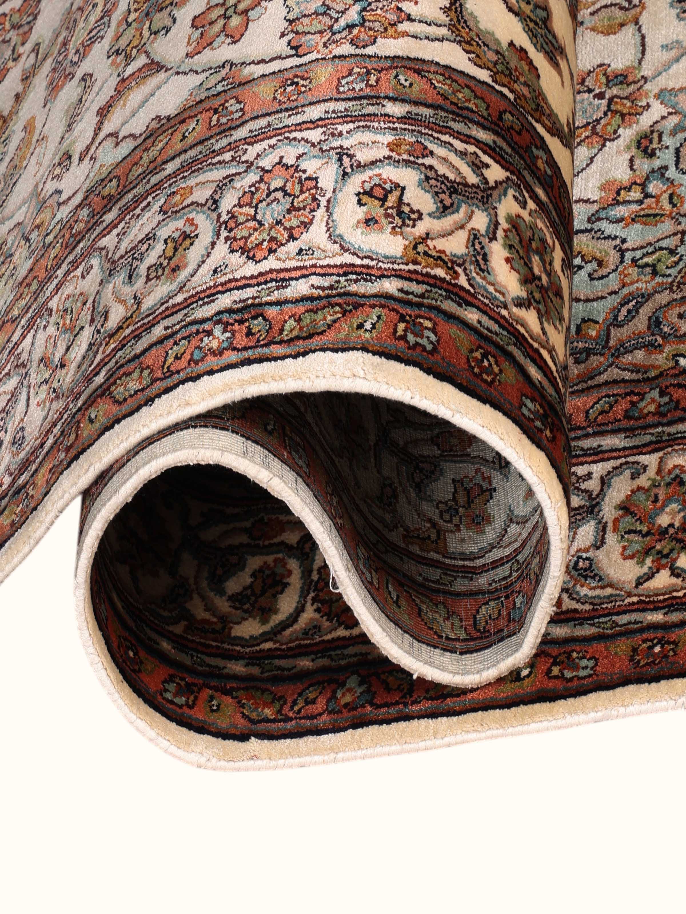 Traditional Persian Ivory Blue Kashan Kashmir Silk Hand-Knotted Carpet